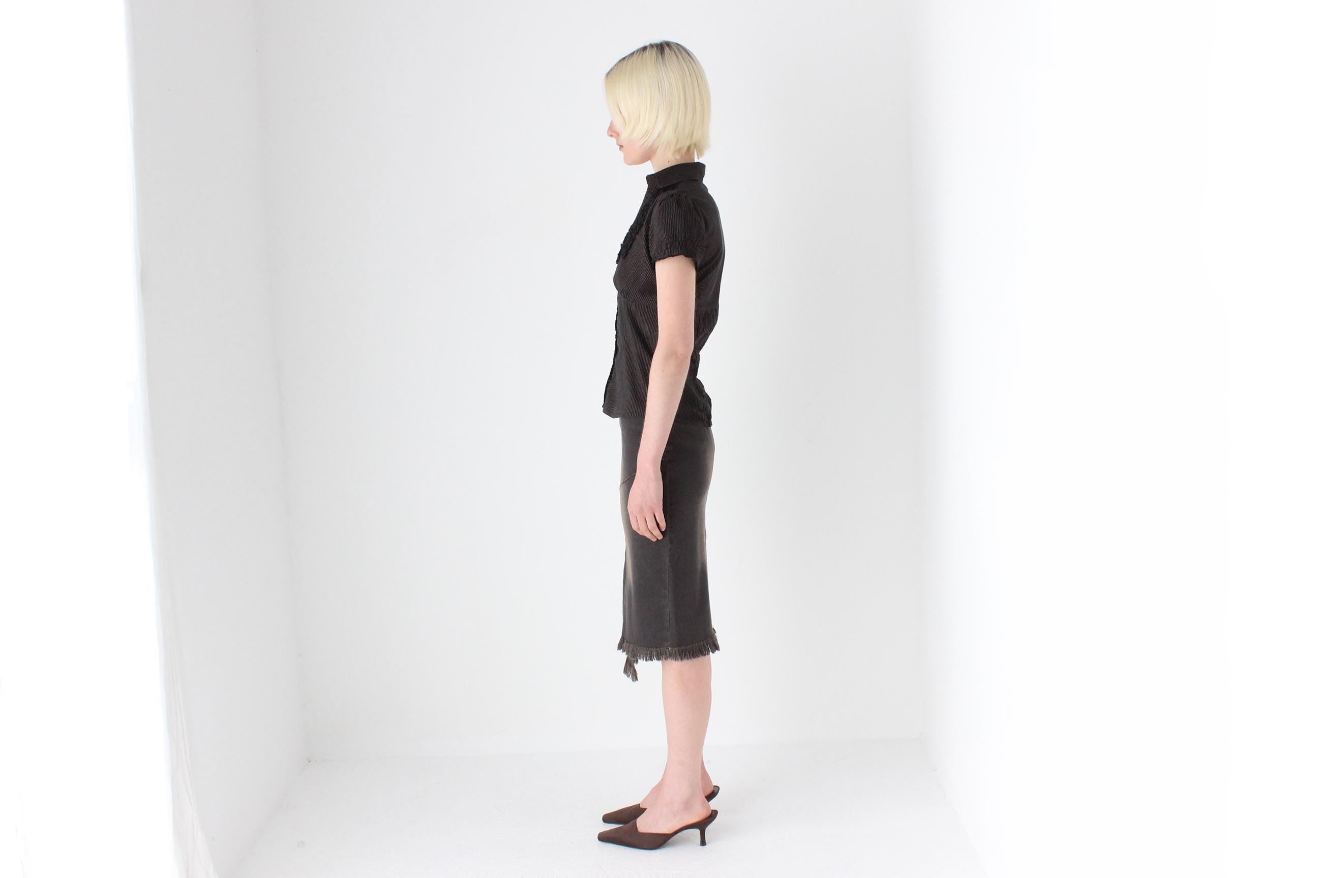 Y2K Dark Chocolate Denim Skirt w/ Fading & Fraying