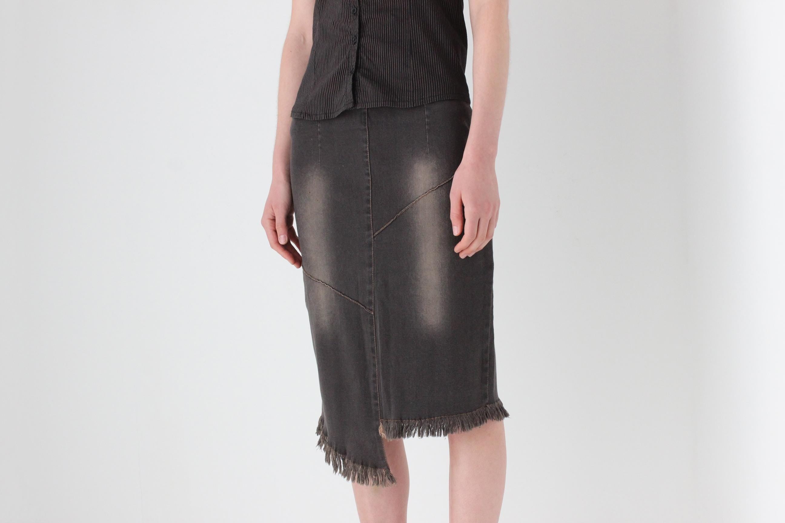 Y2K Dark Chocolate Denim Skirt w/ Fading & Fraying