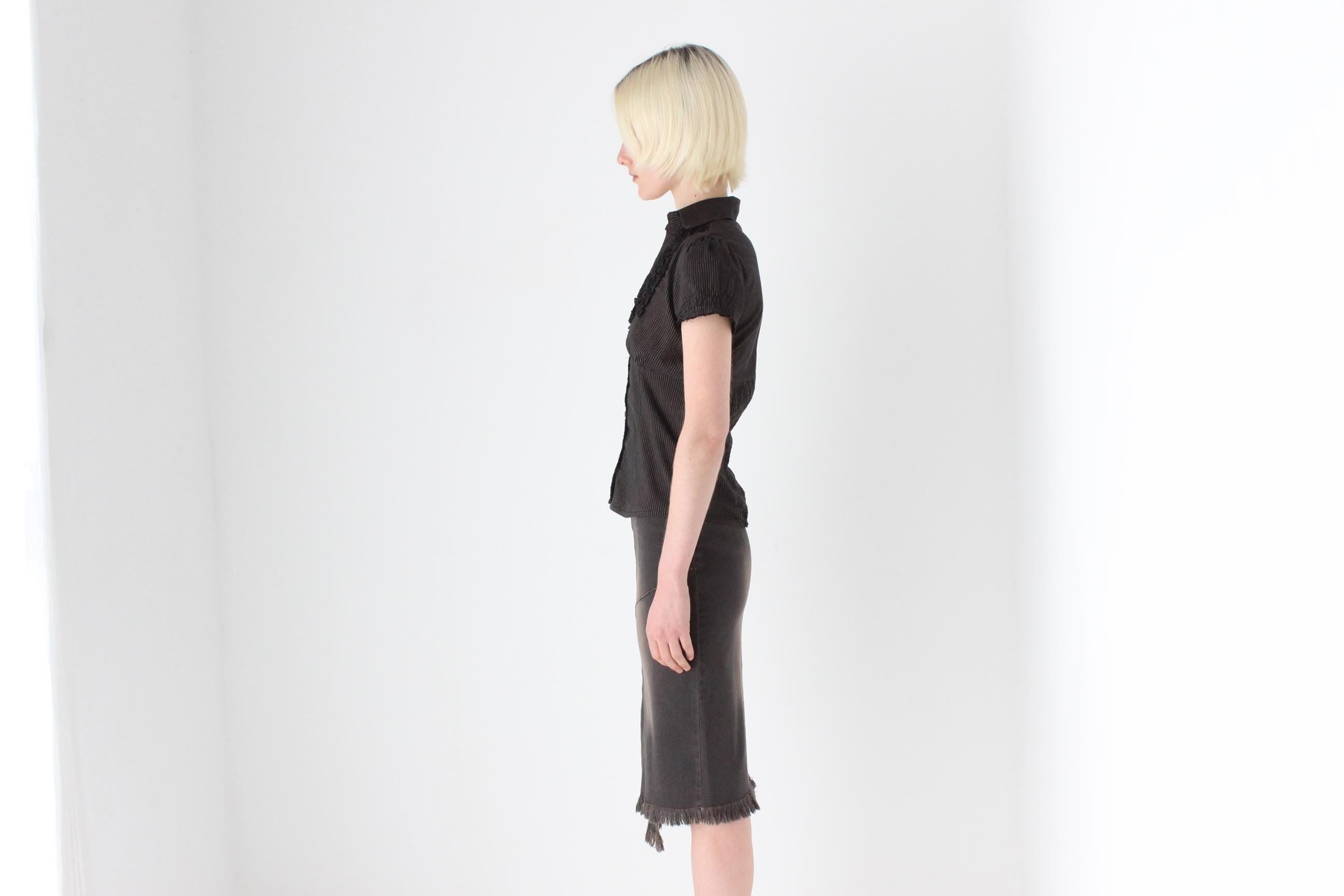Y2K Dark Chocolate Denim Skirt w/ Fading & Fraying