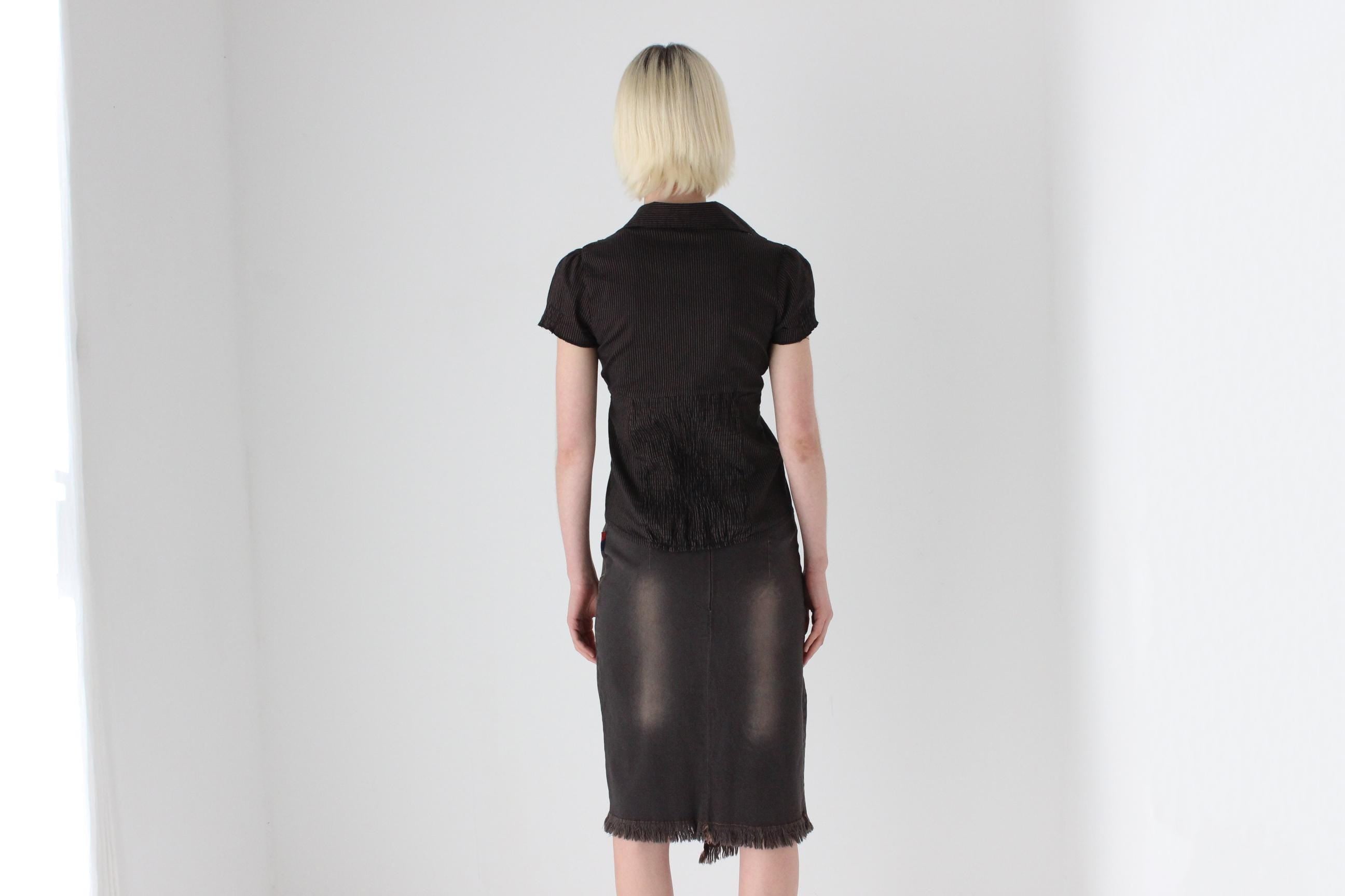 Y2K Dark Chocolate Denim Skirt w/ Fading & Fraying