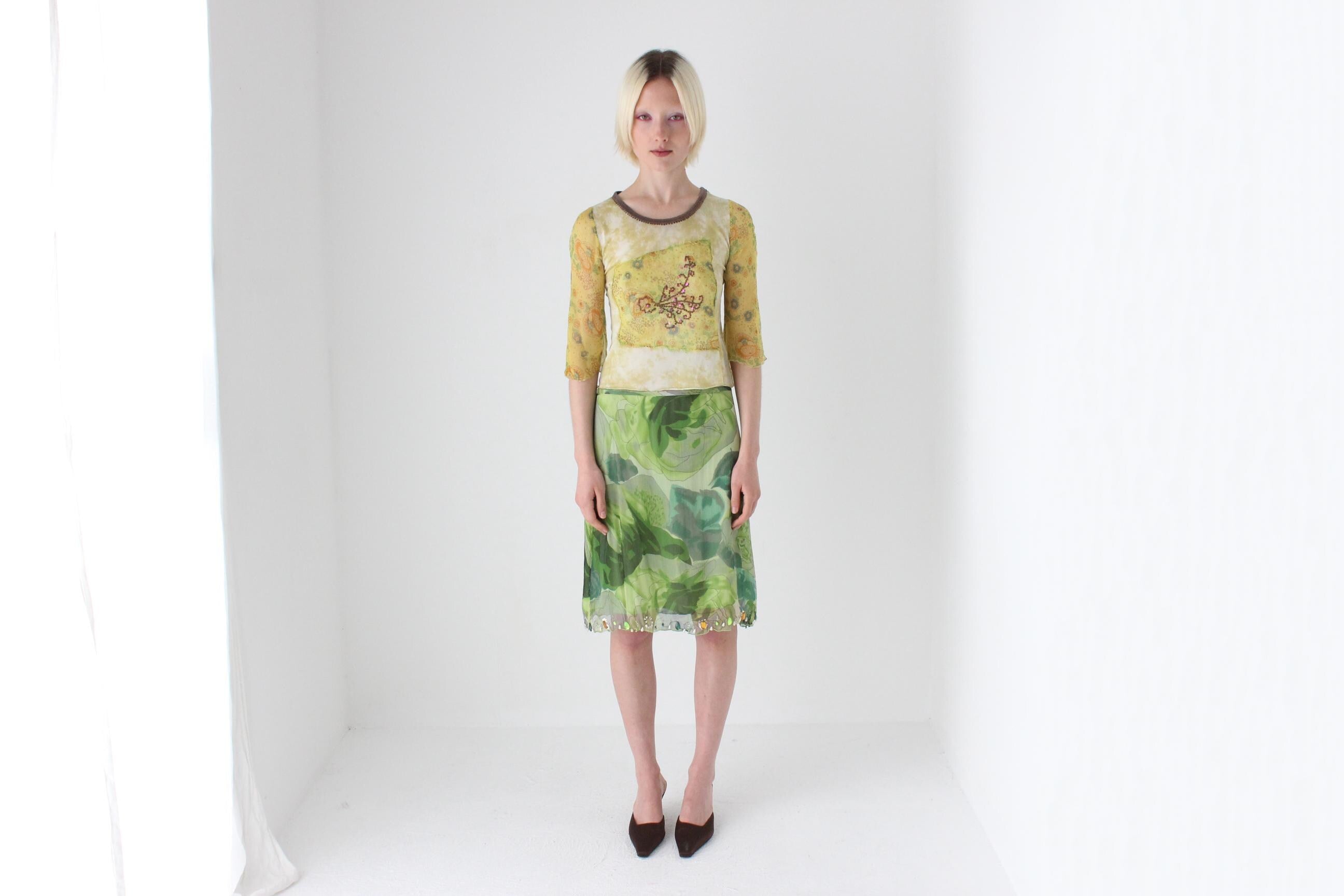Y2K Italian Pure Silk Tropical Printed Skirt w/ Gemstones