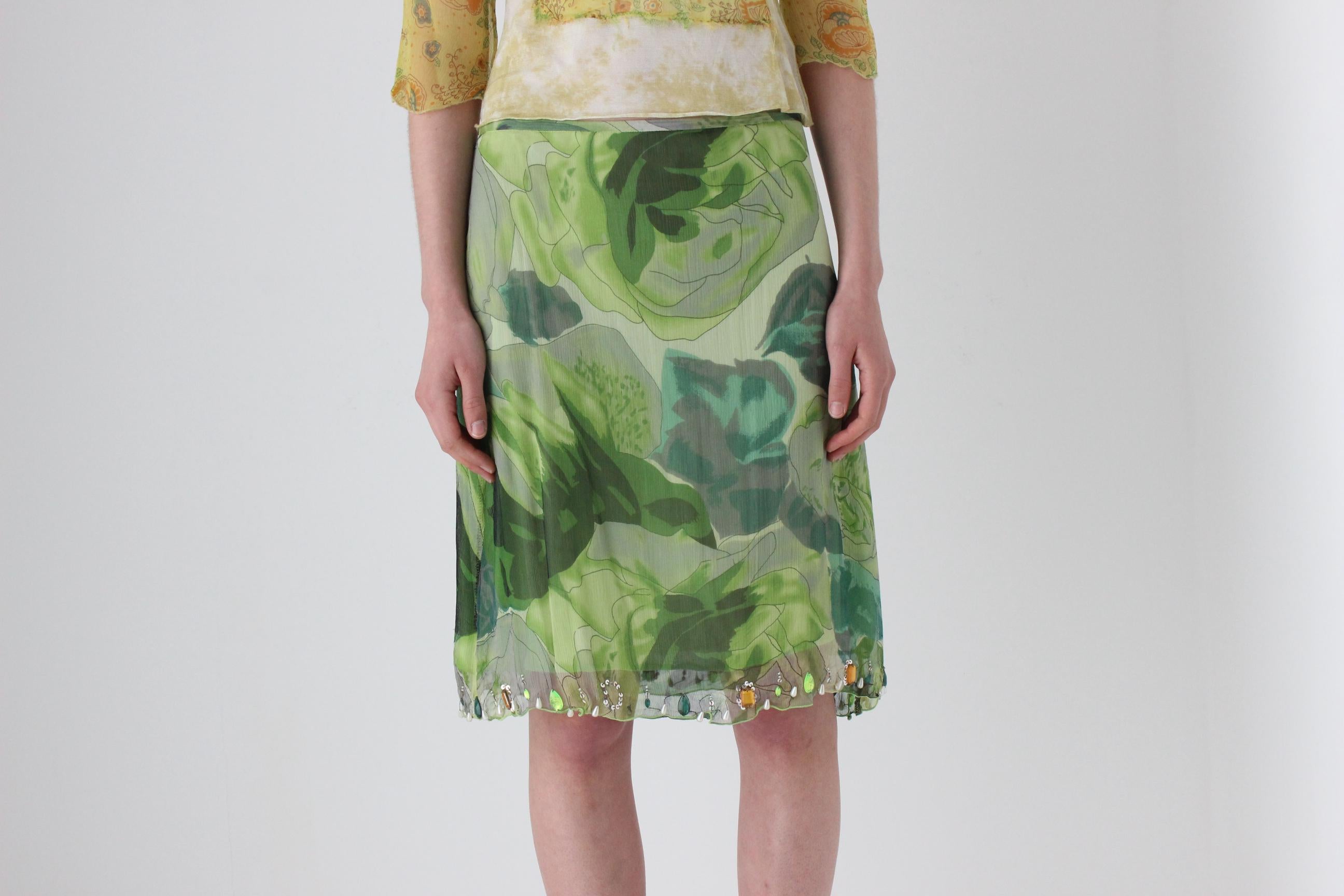 Y2K Italian Pure Silk Tropical Printed Skirt w/ Gemstones