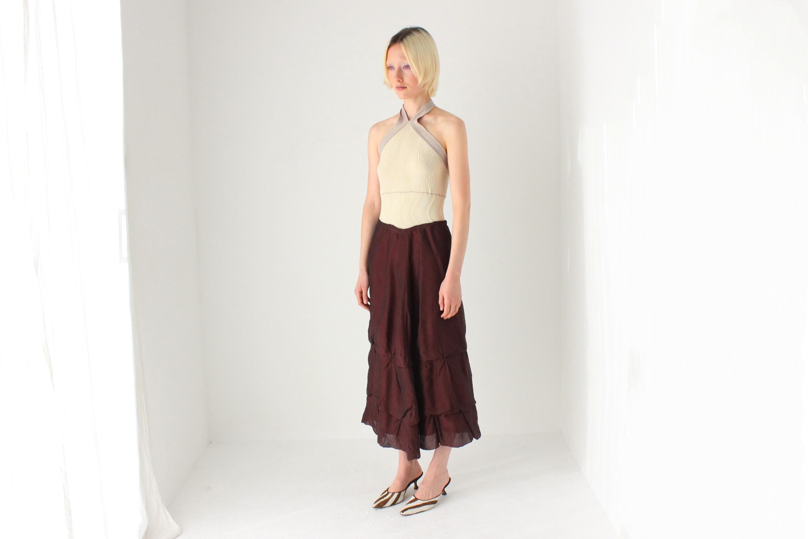 Y2K Burgundy Textured Bubble Midi Skirt w/ Drawstring Waist
