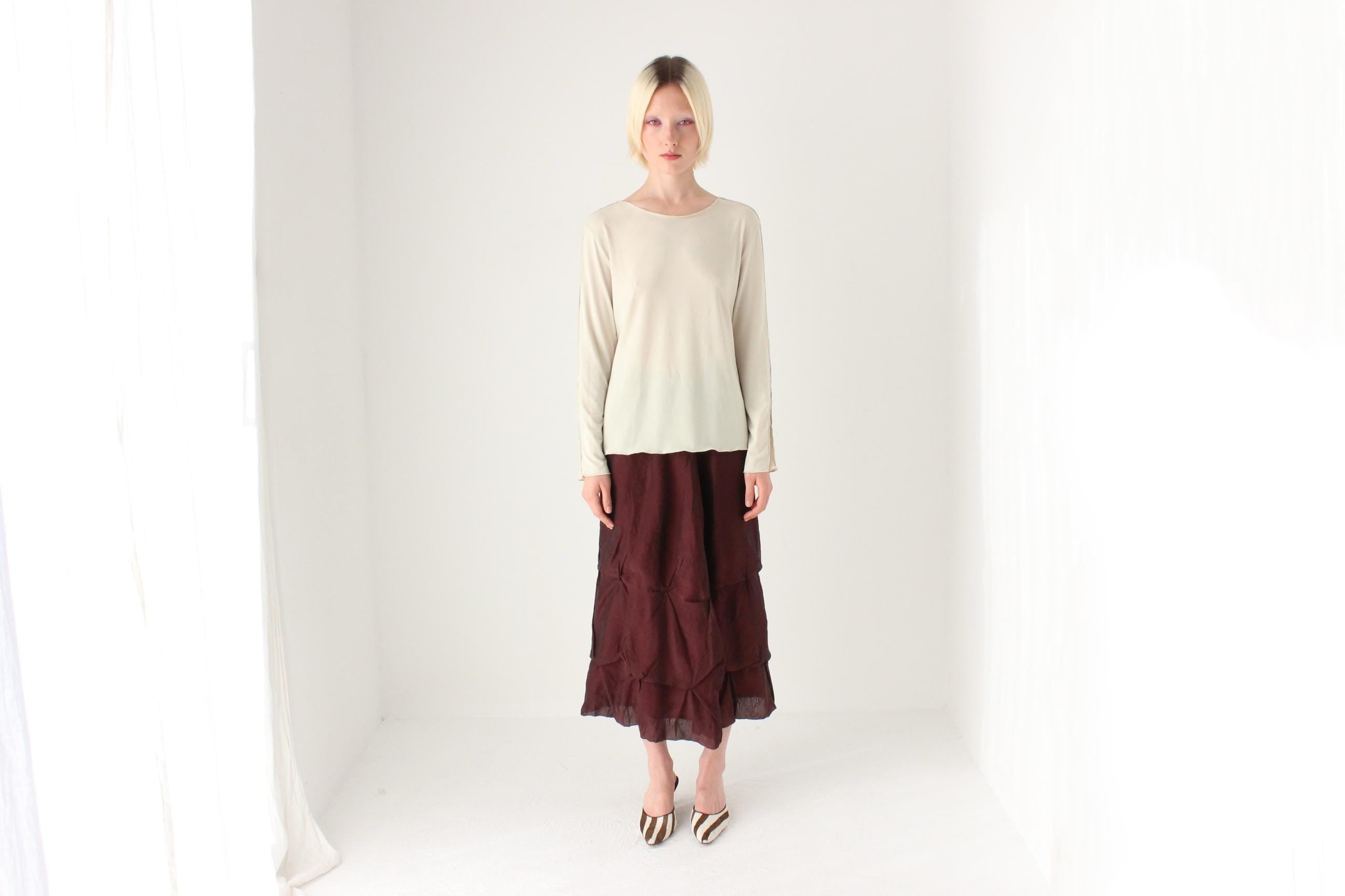 Minimal 90s Beige Jersey Long Sleeve Top w/ Fishnet Mesh Inserts