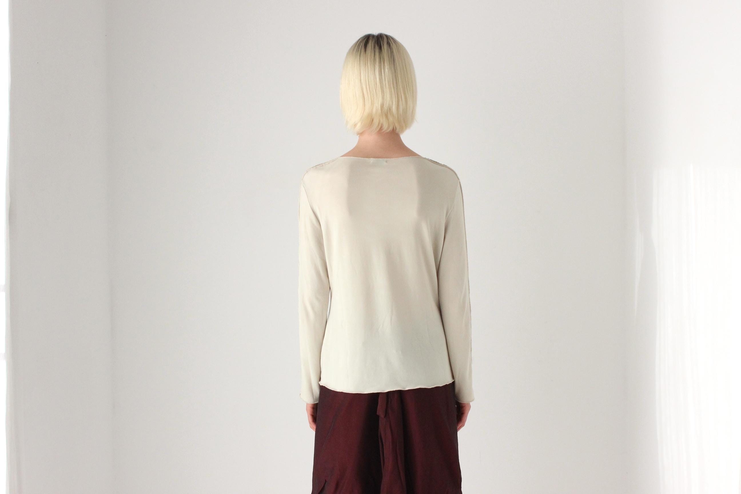 Minimal 90s Beige Jersey Long Sleeve Top w/ Fishnet Mesh Inserts