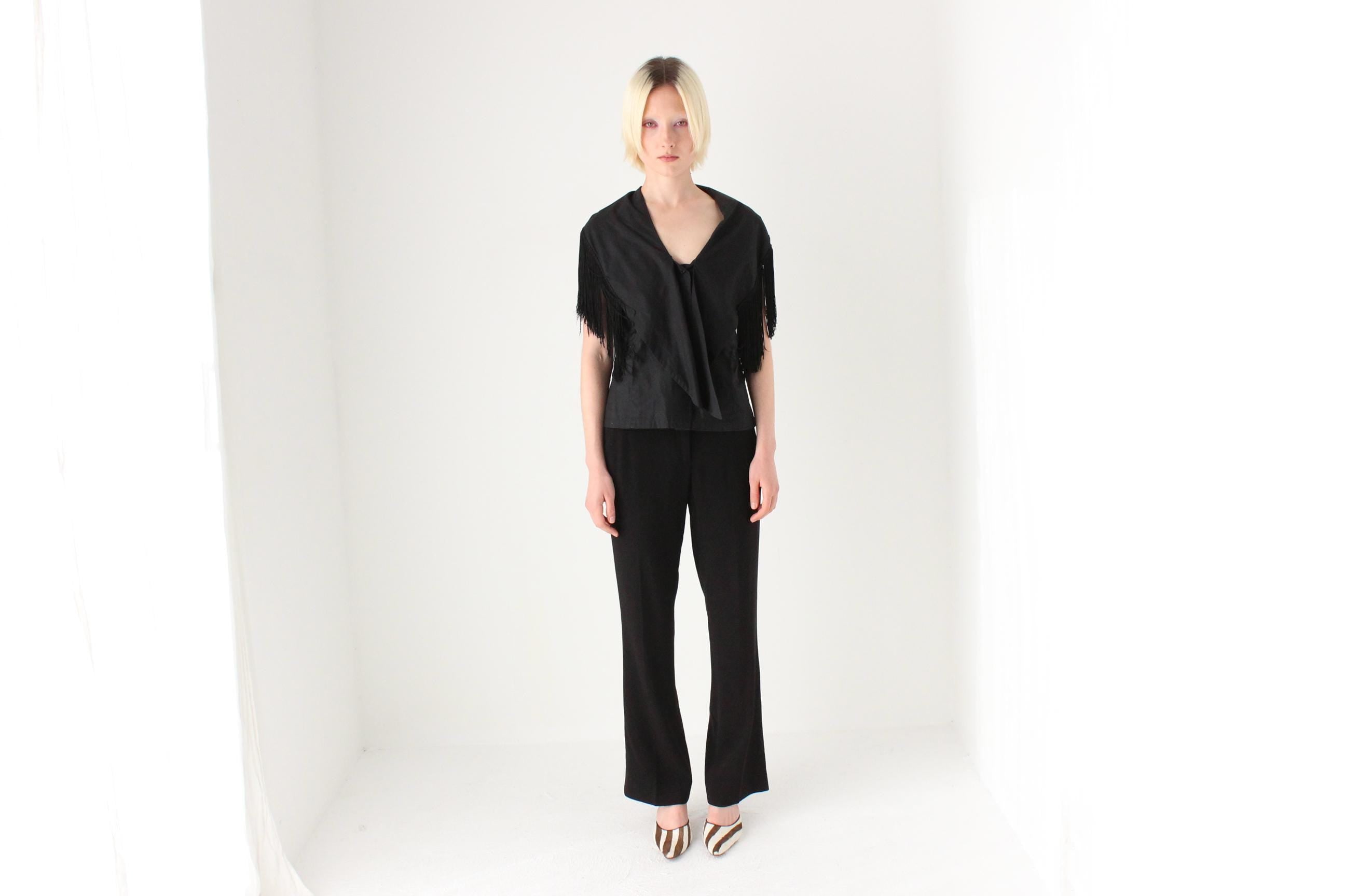 80s Black Cotton Fringe Collar / Cape Top