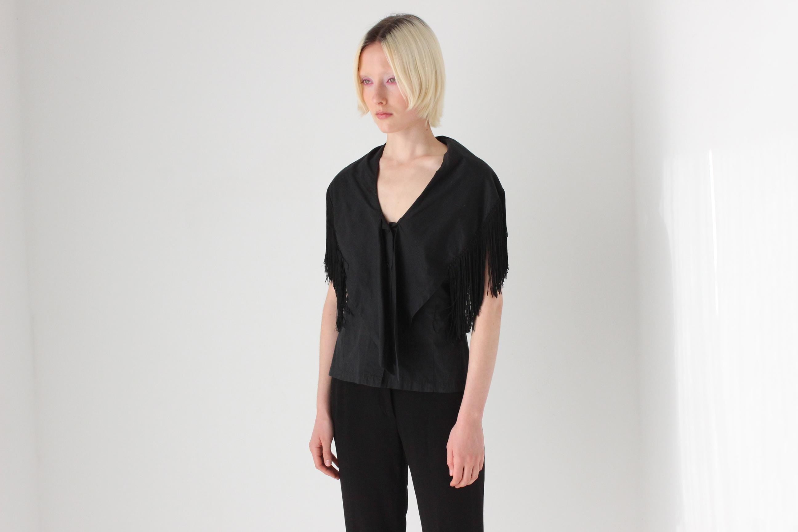 80s Black Cotton Fringe Collar / Cape Top