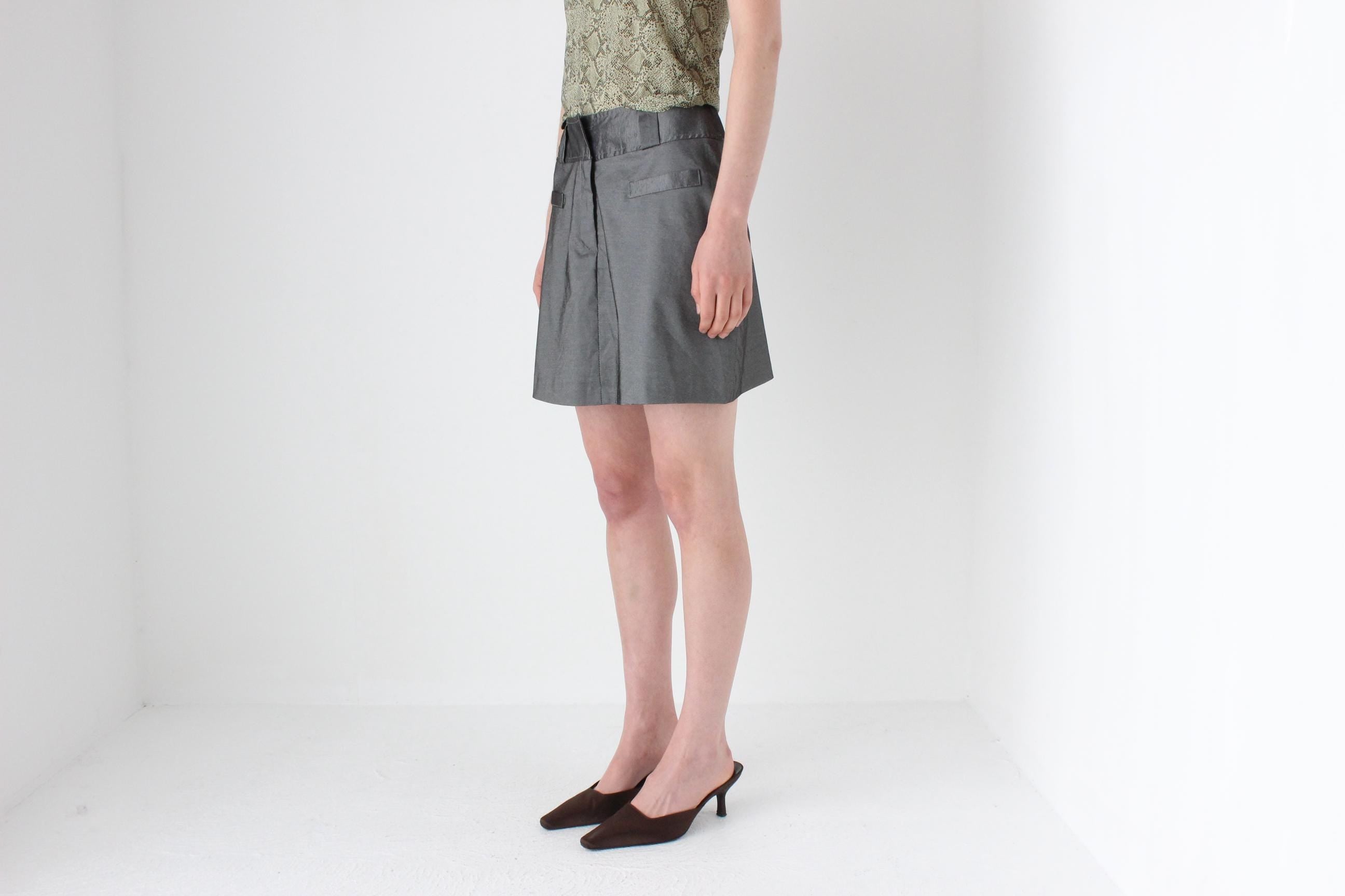 90s Metallic Pewter Futuristic A-Line Mini Skirt