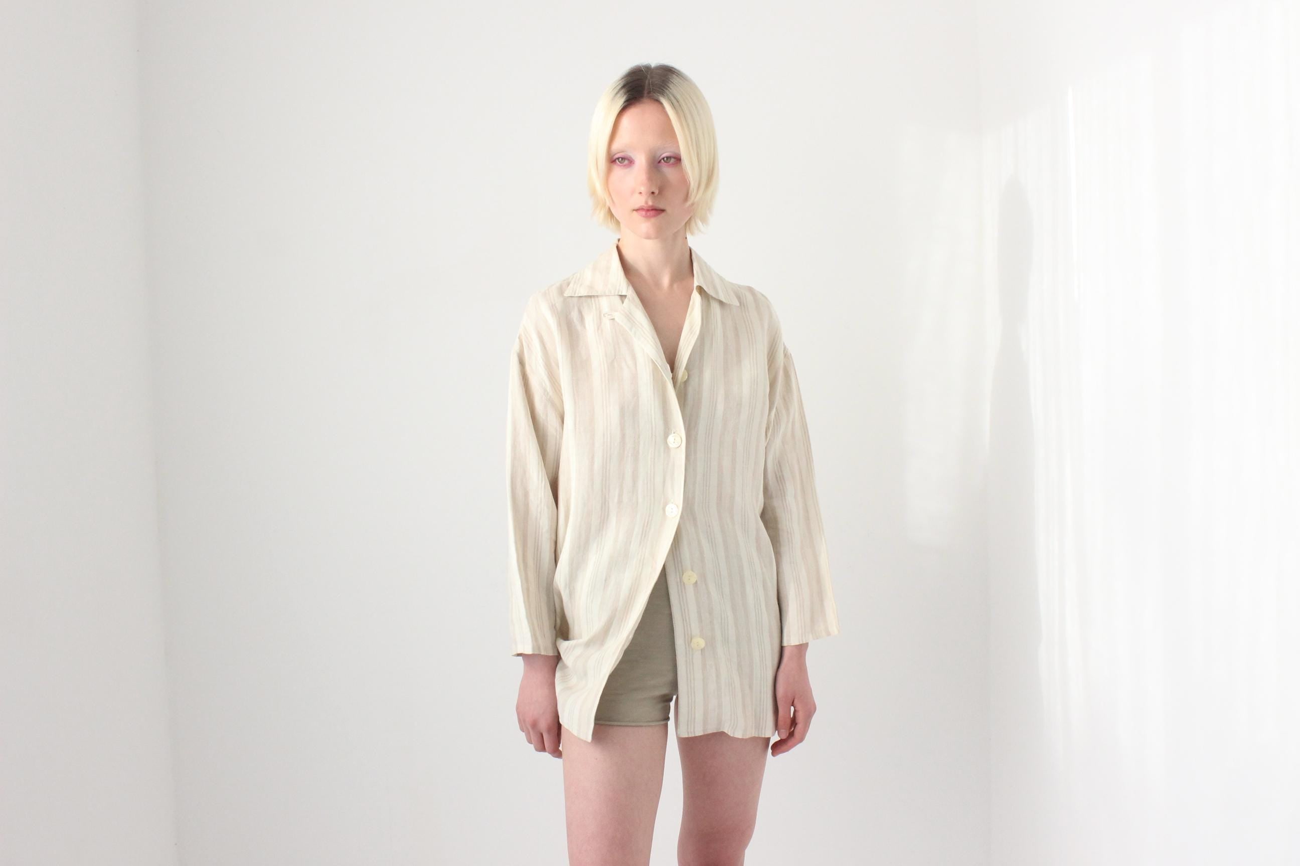 90s Italian Linen Subtle Beige Stripe Shirt