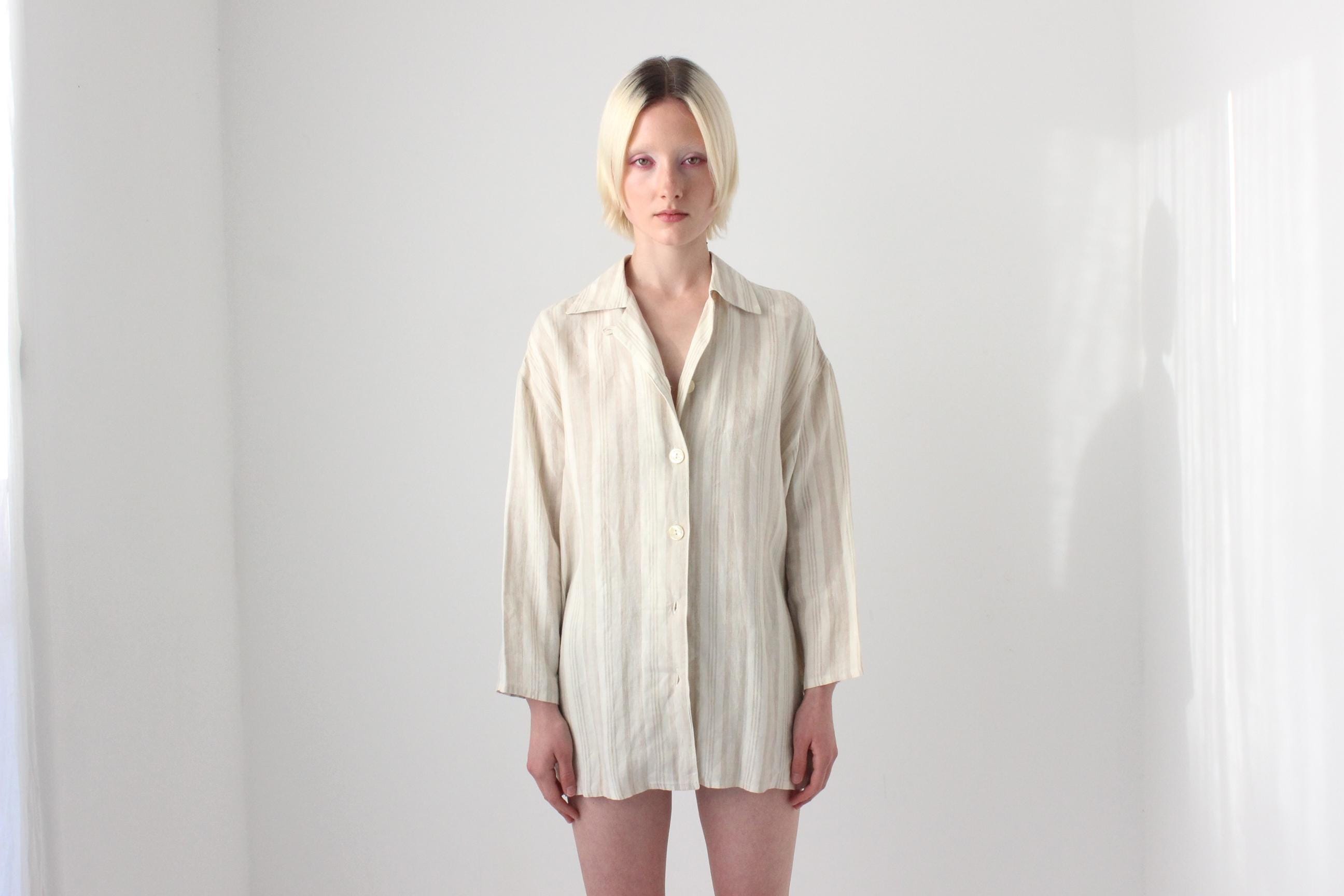 90s Italian Linen Subtle Beige Stripe Shirt
