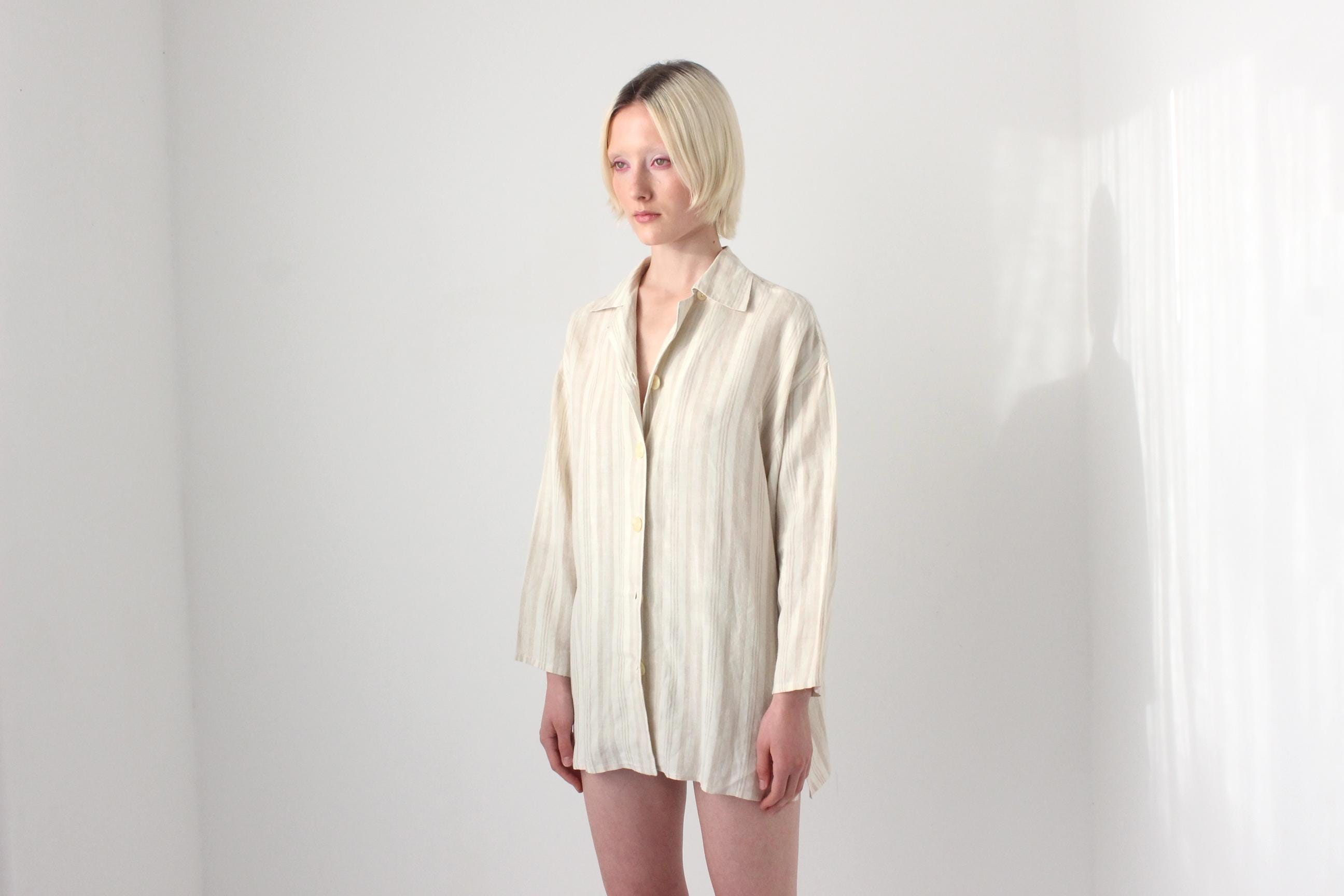90s Italian Linen Subtle Beige Stripe Shirt