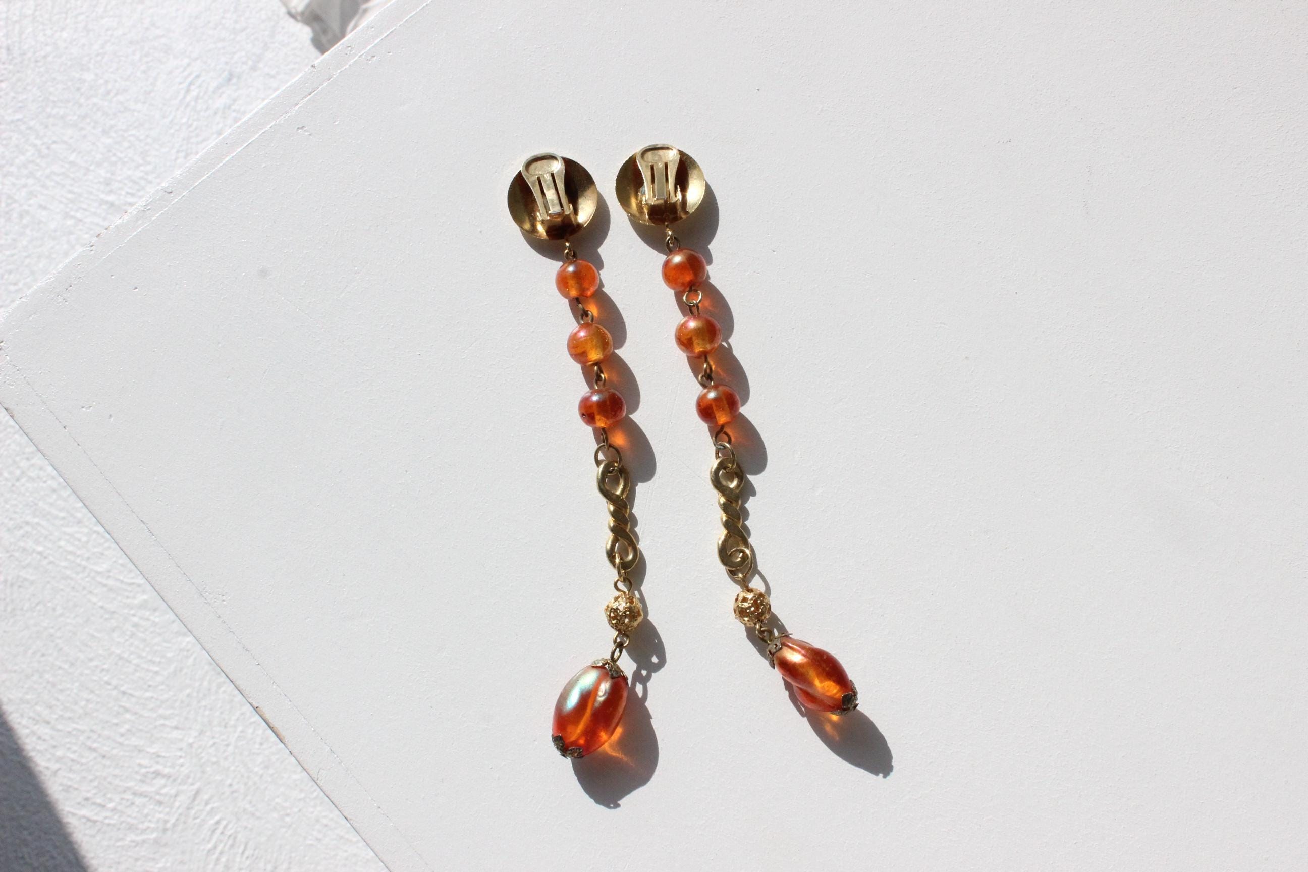 80s Extra Long Gold & Amber Droplet Clip On Earrings
