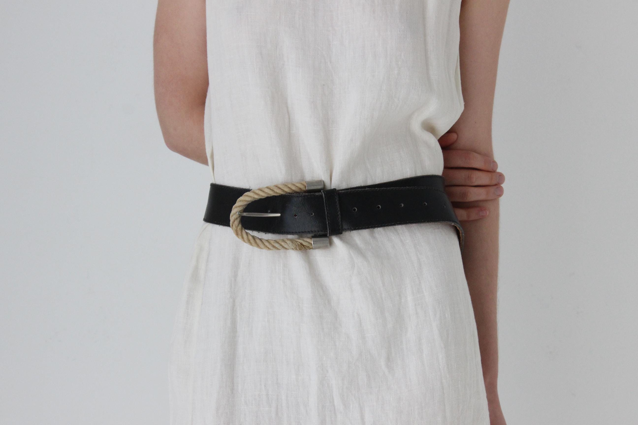 Vintage 80s Black Leather Belt w/ Amazing Rope Buckle