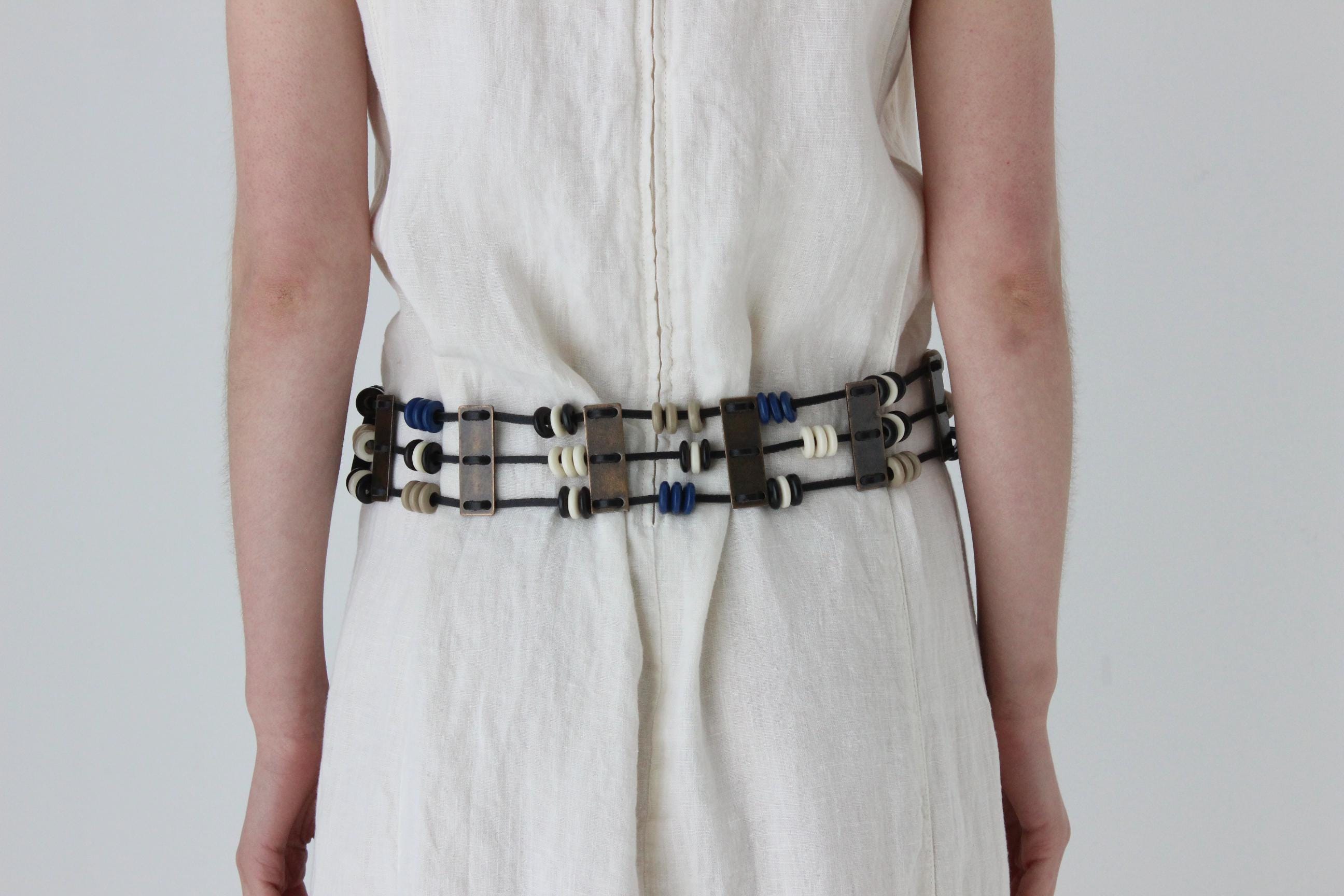 70s Leather & Bead Brass Metal Chain Belt