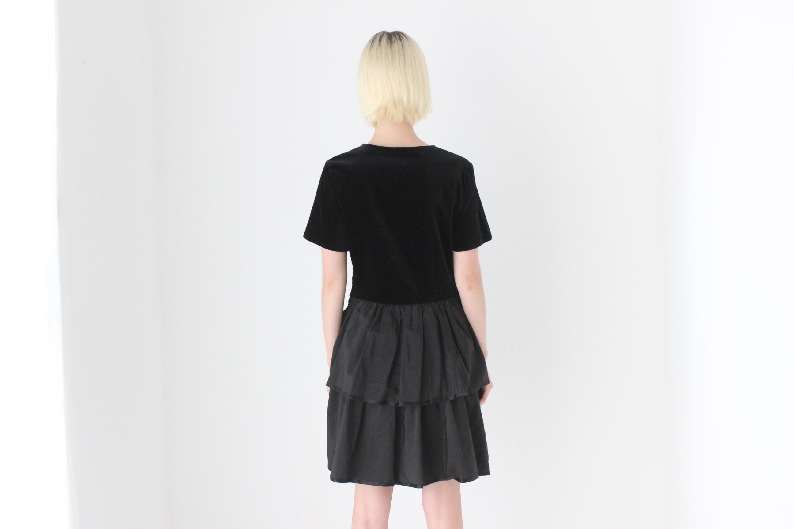 80s Italian Vintage Velvet & Taffeta Ruffle Dress