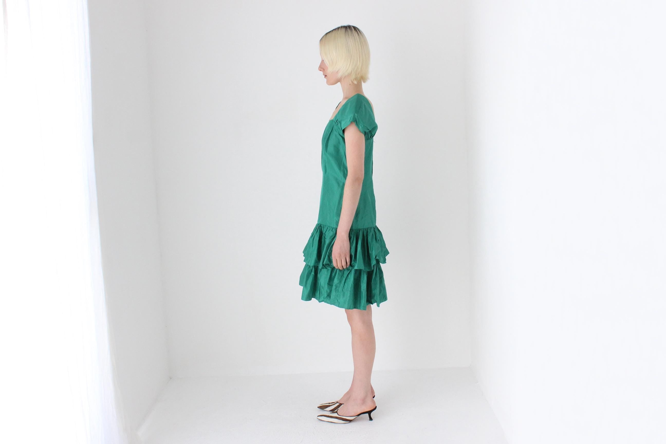 80s Puff & Ruffle Taffeta Drop Waist Cocktail Dress
