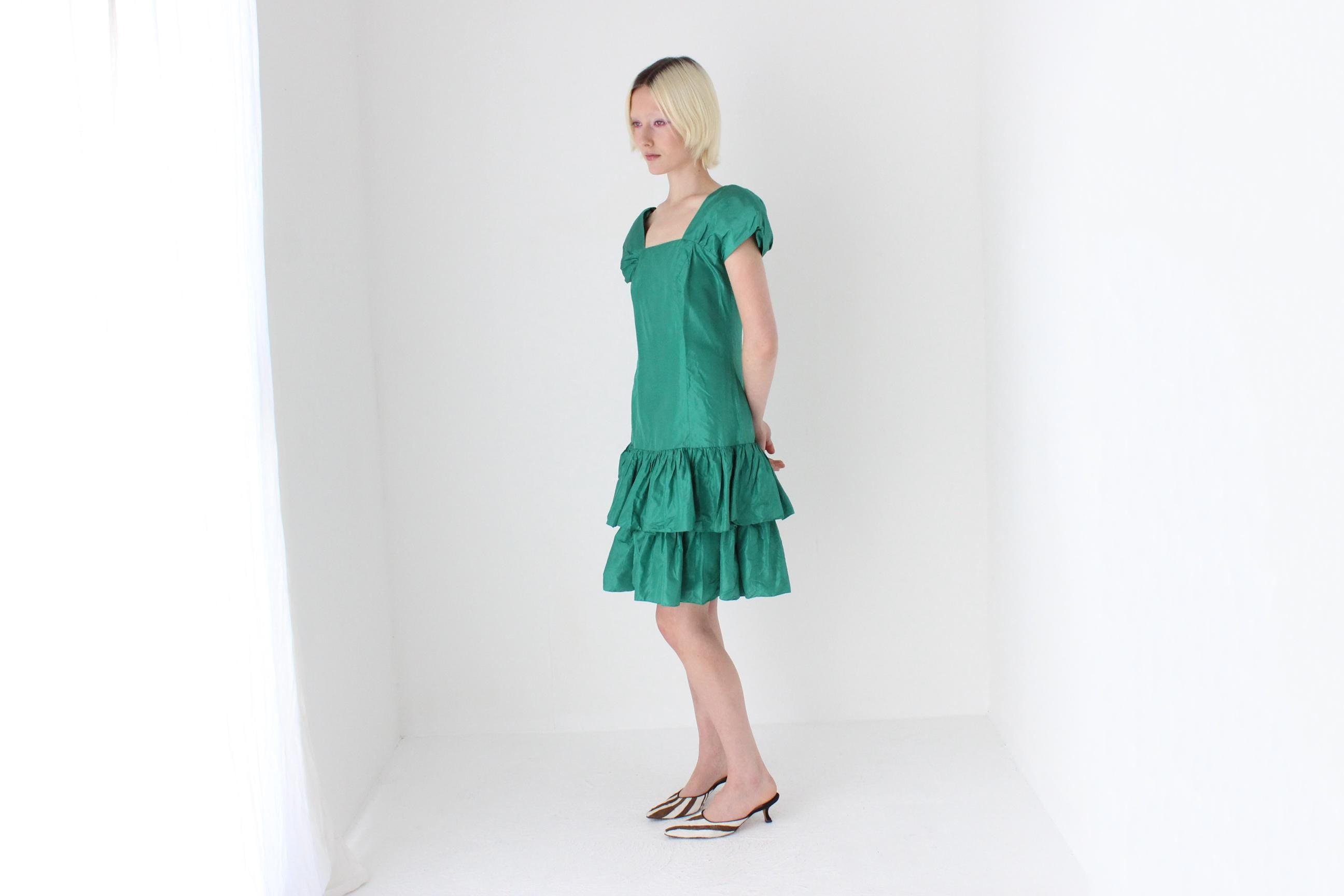 80s Puff & Ruffle Taffeta Drop Waist Cocktail Dress