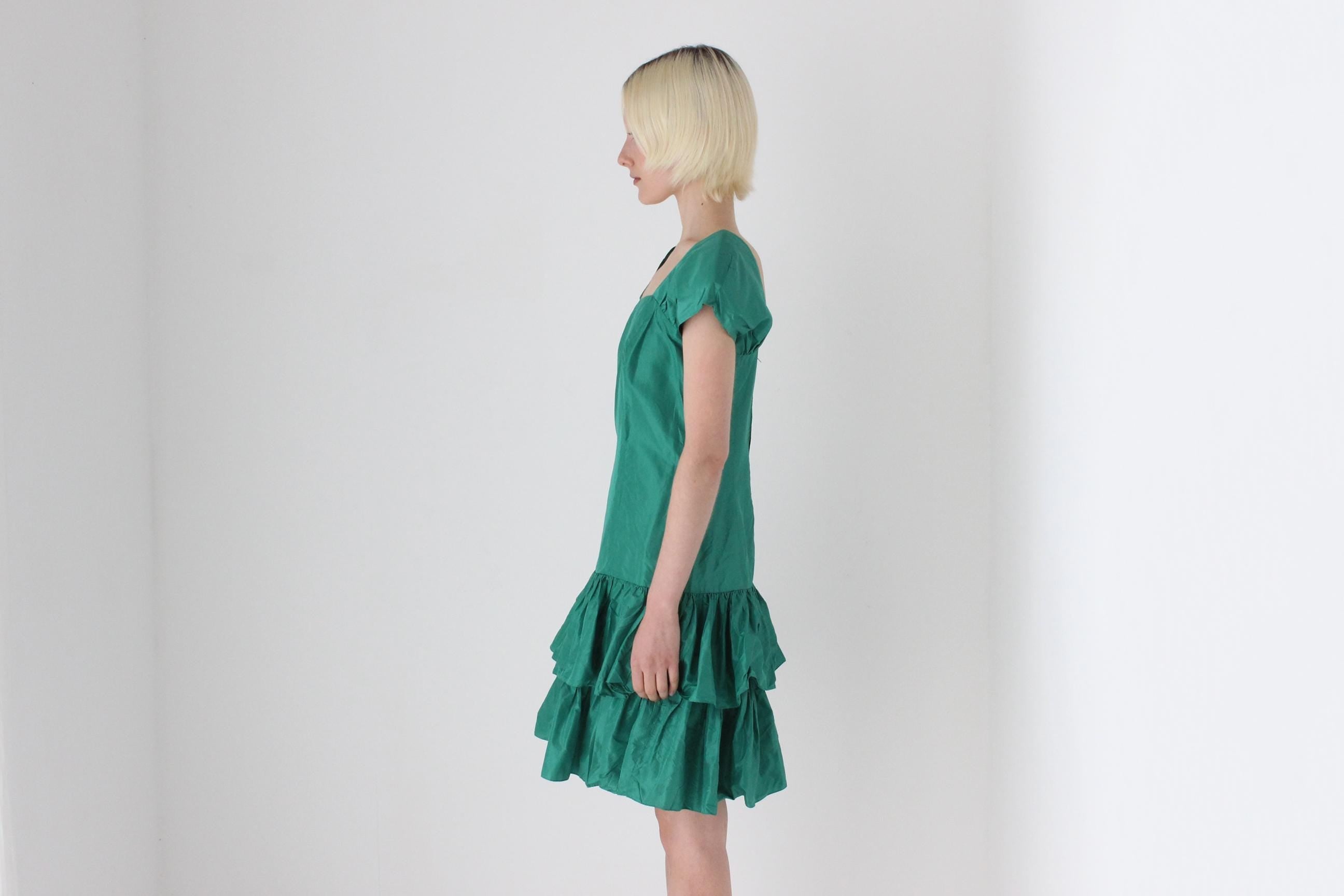 80s Puff & Ruffle Taffeta Drop Waist Cocktail Dress