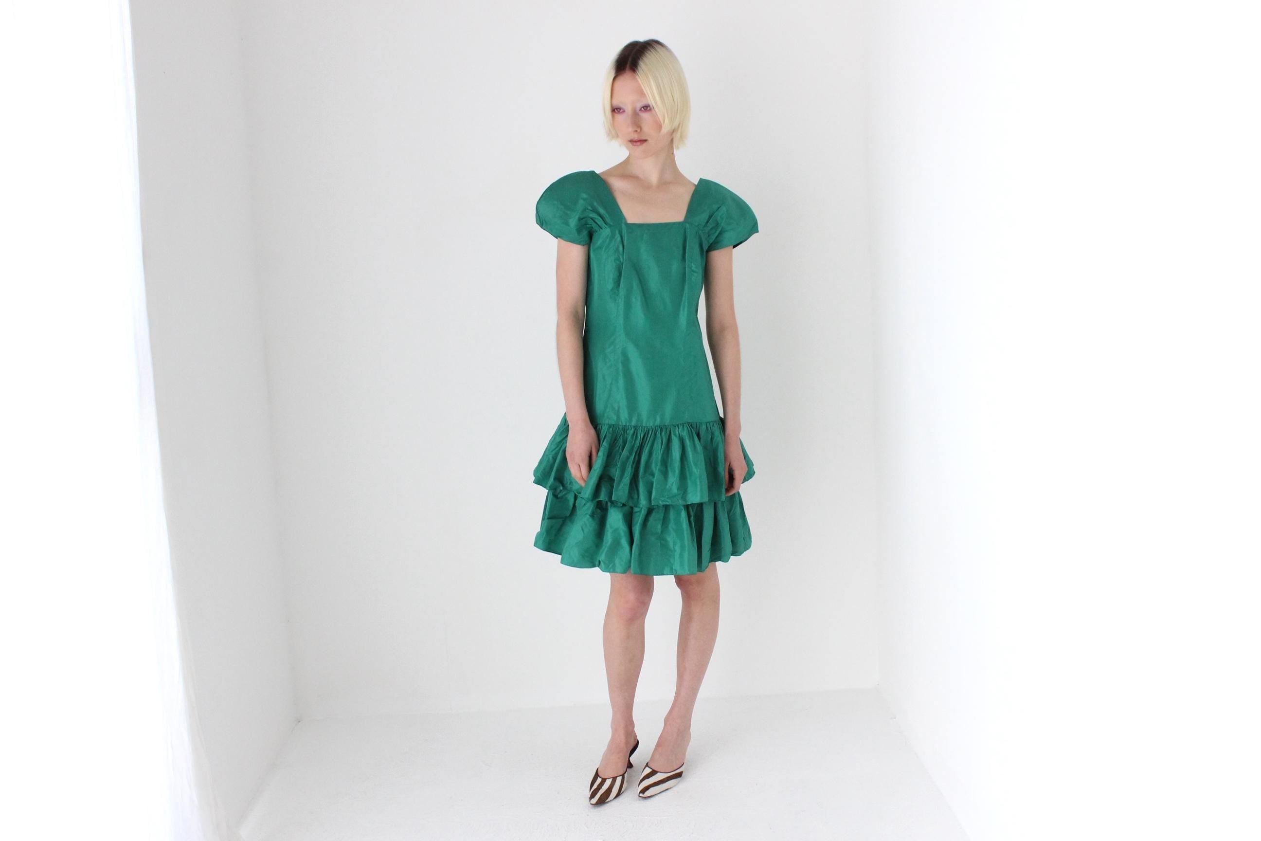 80s Puff & Ruffle Taffeta Drop Waist Cocktail Dress