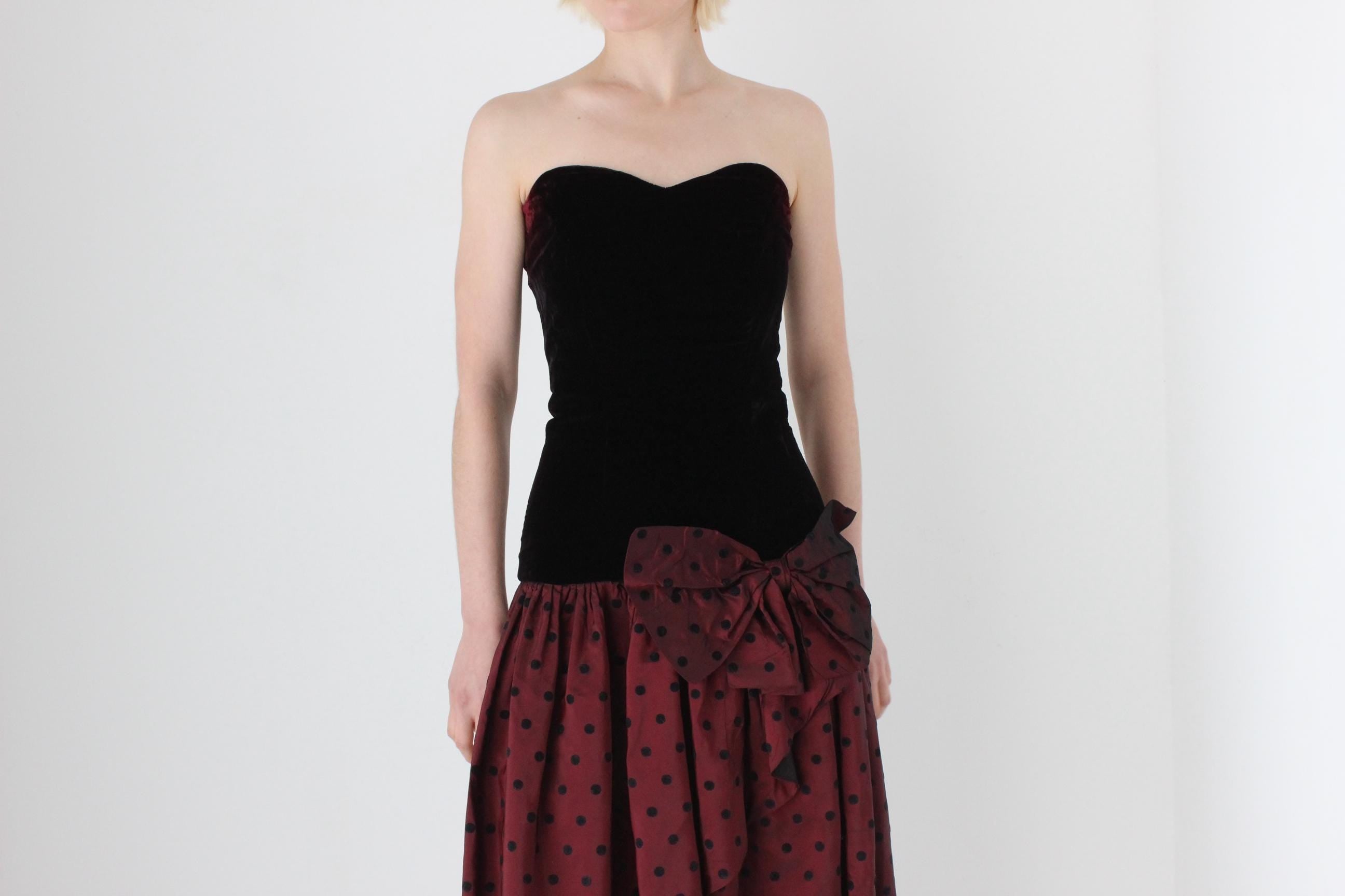 80s Strapless Velvet Bustier & Polkadot Taffeta Party Dress
