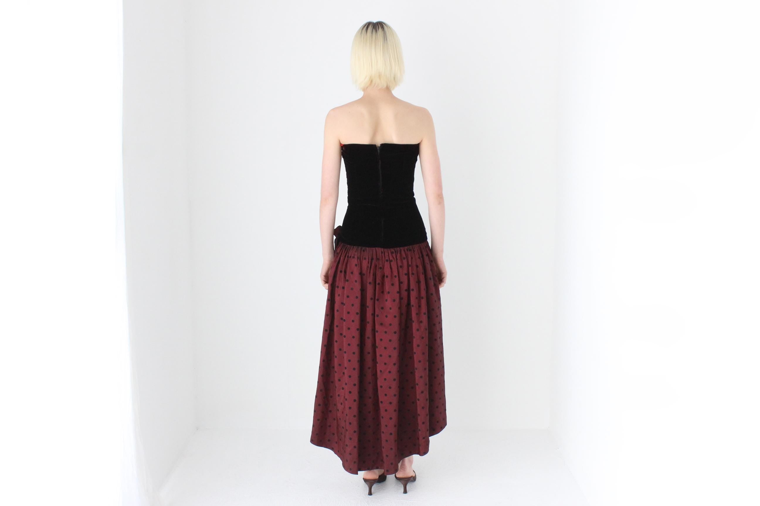 80s Strapless Velvet Bustier & Polkadot Taffeta Party Dress