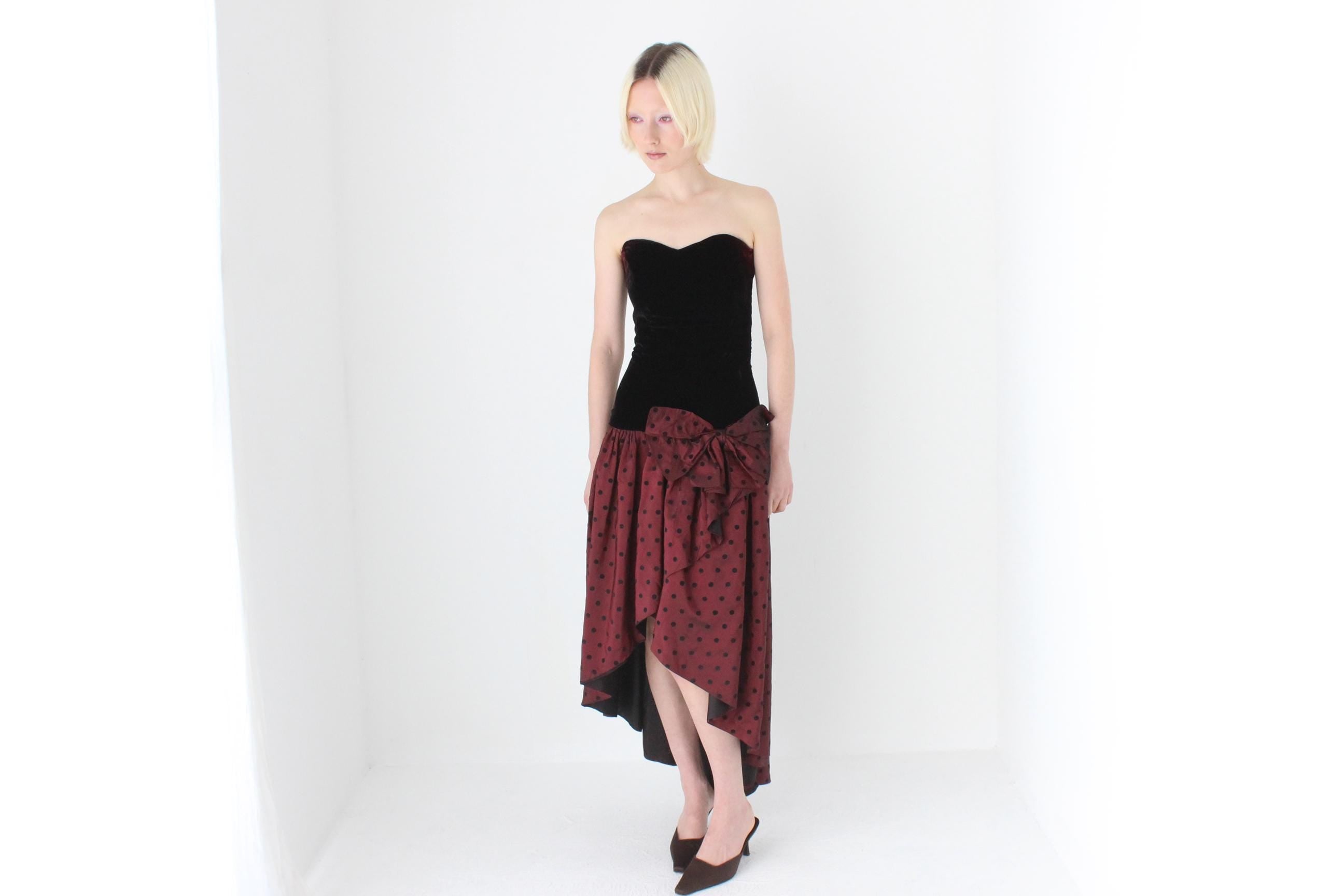 80s Strapless Velvet Bustier & Polkadot Taffeta Party Dress