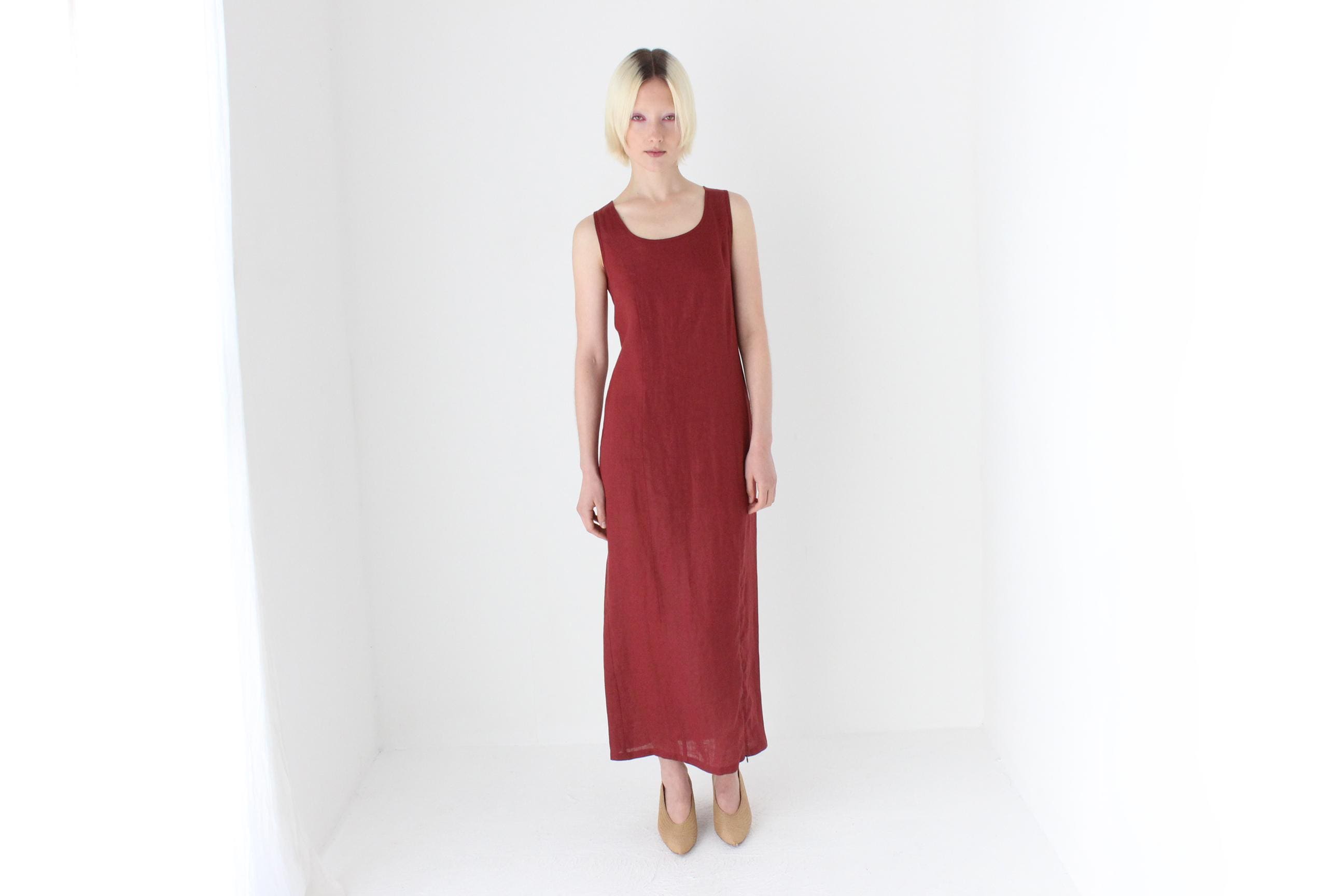 90s Italian Linen Sleeveless Column Dress