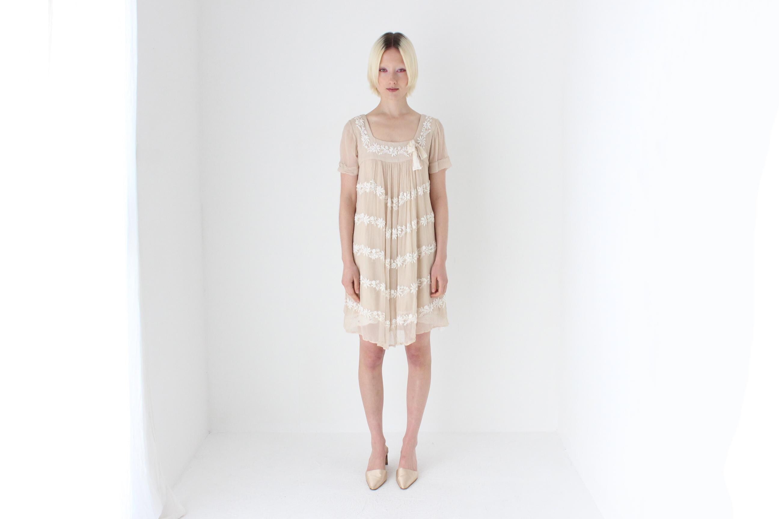 2000s Pure Silk Embroidered Babydoll Smock