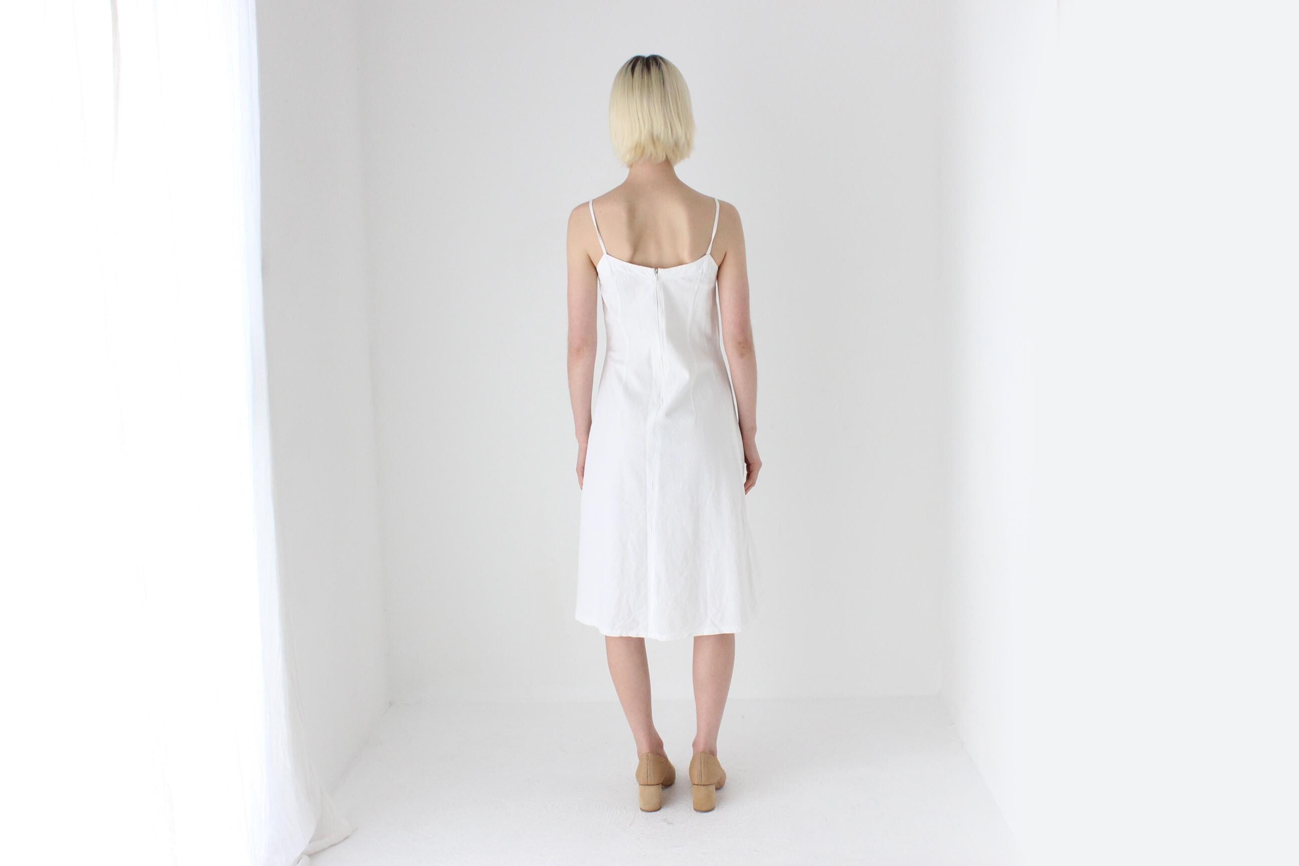 Textural 90s Linen Cotton Spaghetti Strap Slip Dress