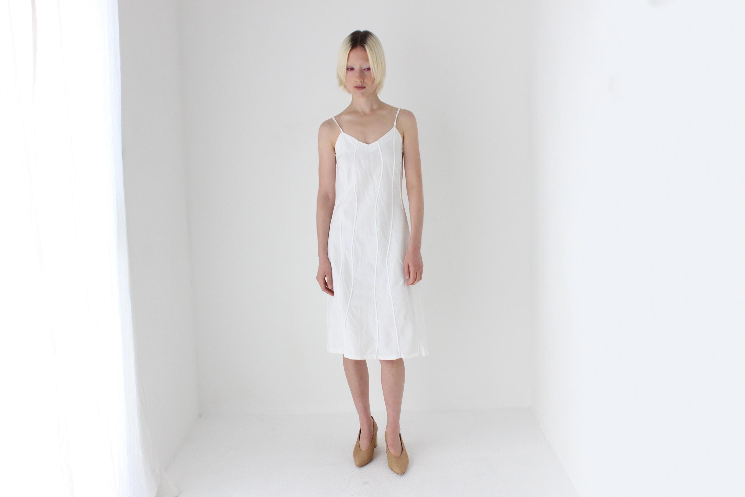 Textural 90s Linen Cotton Spaghetti Strap Slip Dress