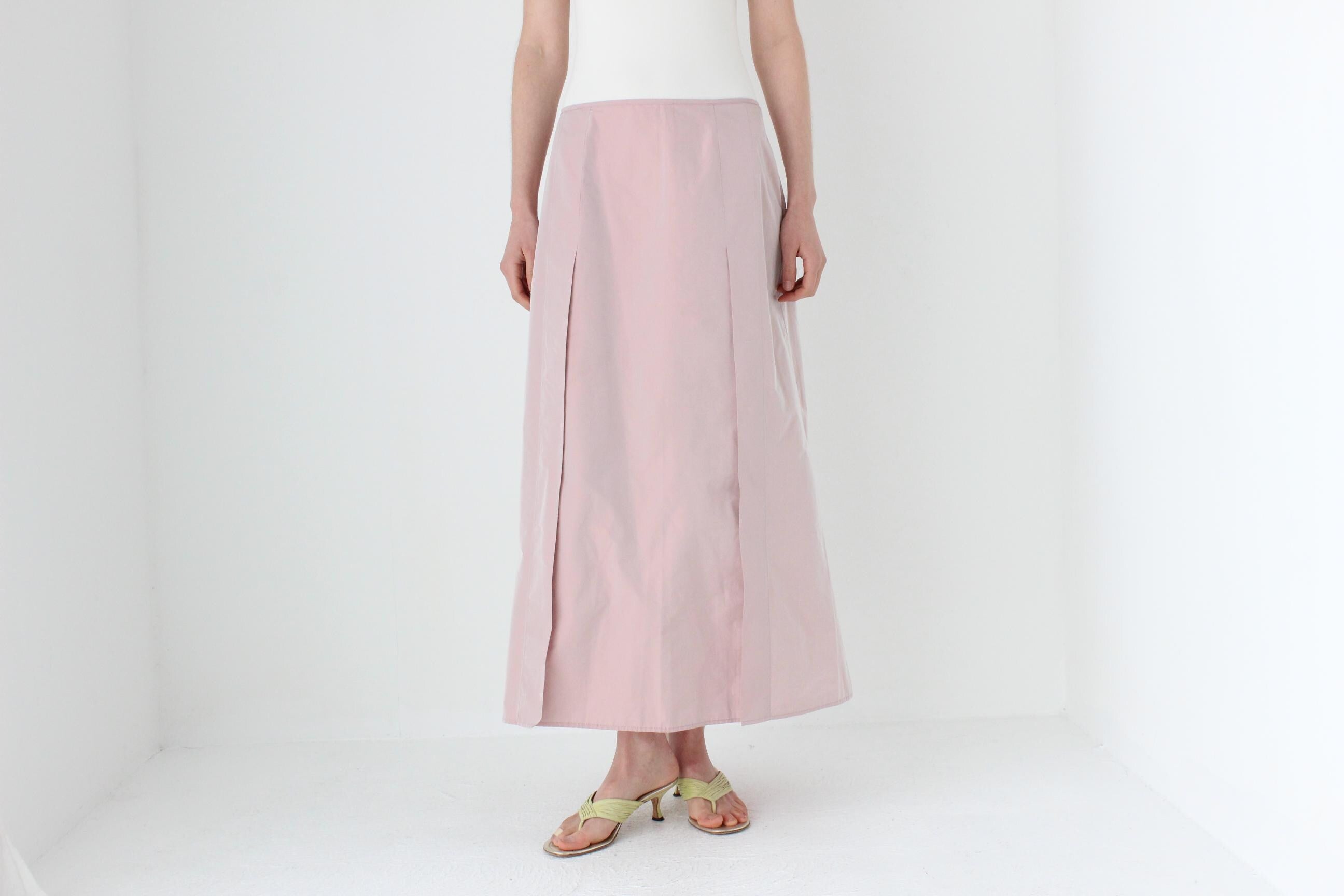90s Pastel Pink Iridescent Taffeta A-Line Midi Skirt