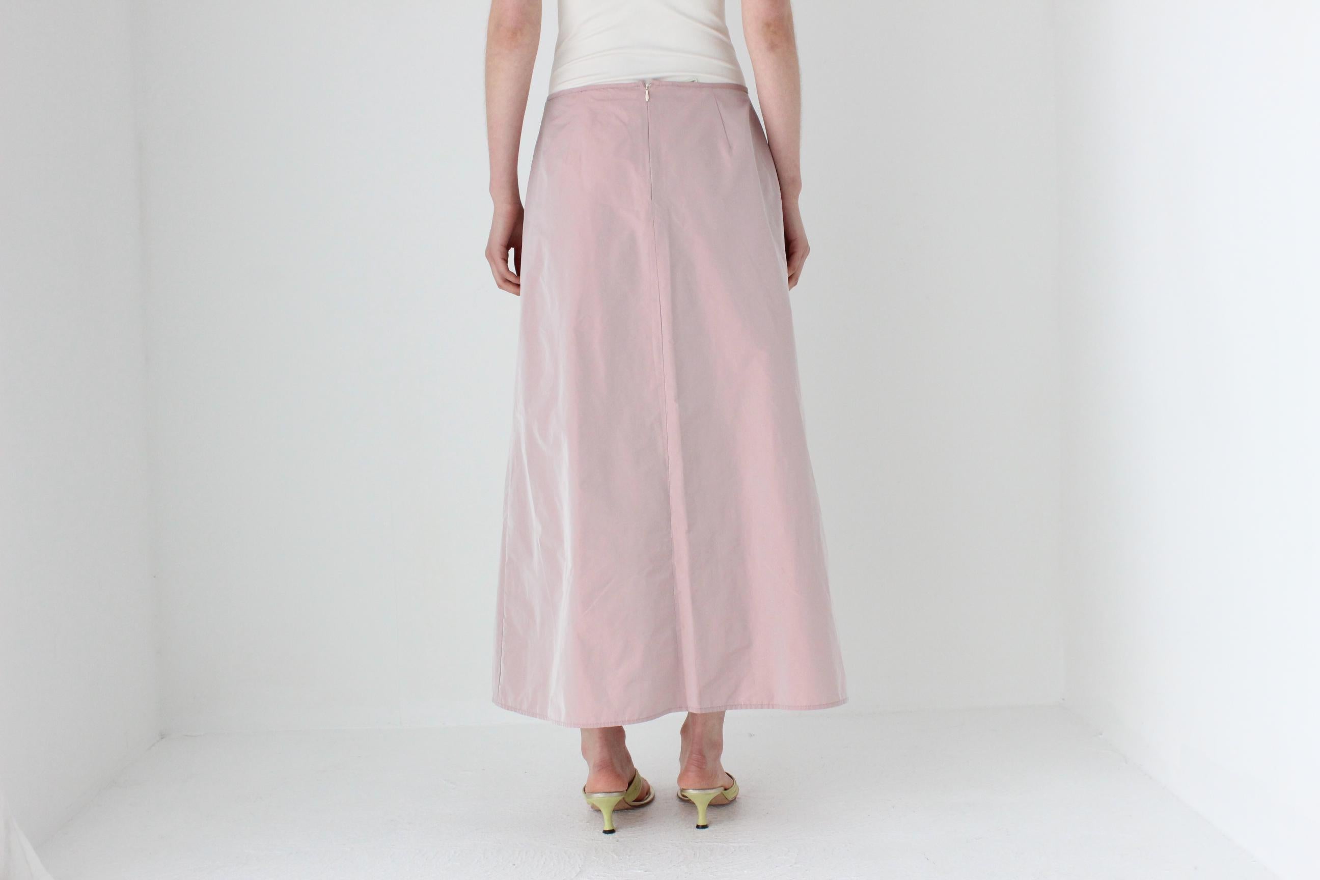90s Pastel Pink Iridescent Taffeta A-Line Midi Skirt