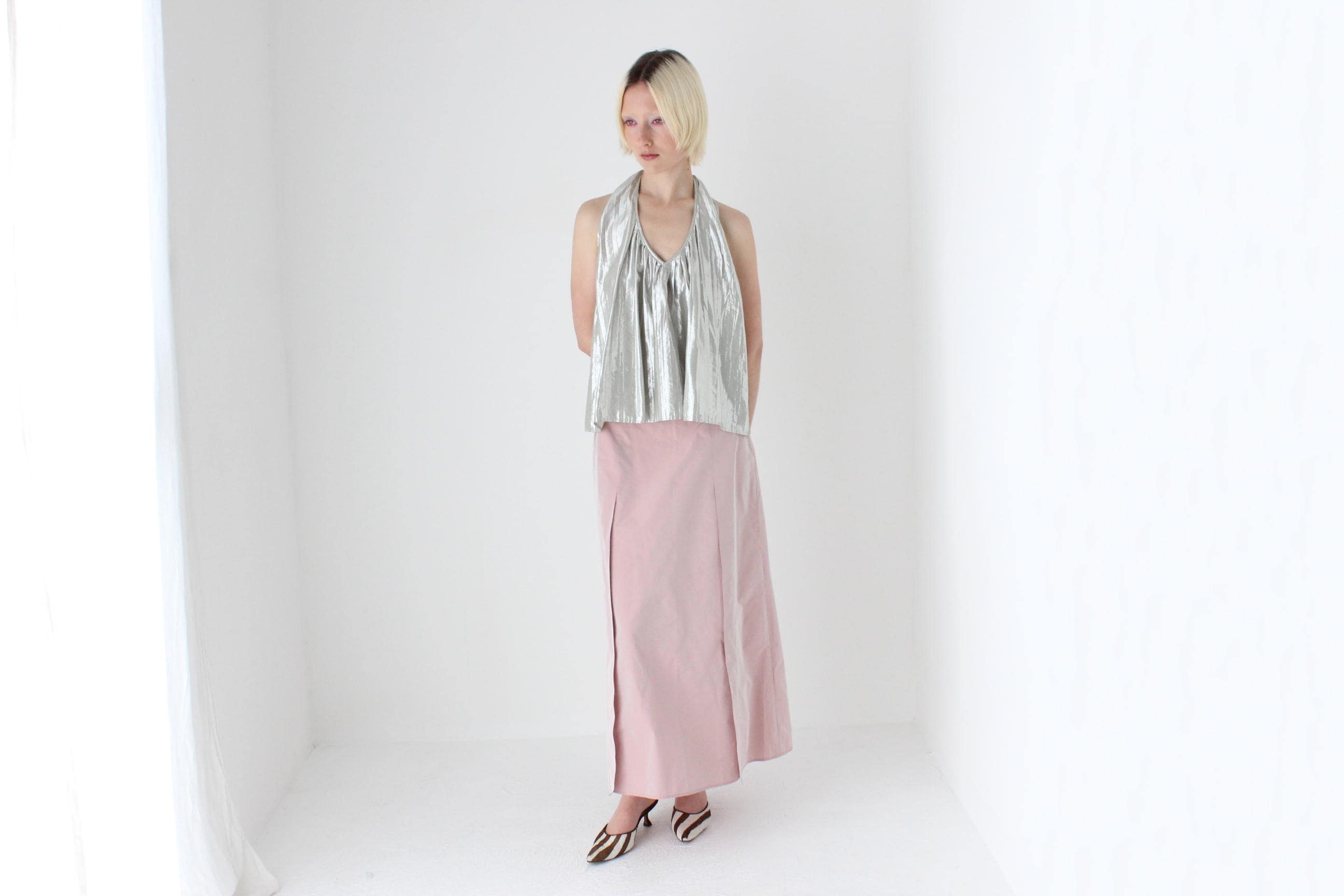 90s Pastel Pink Iridescent Taffeta A-Line Midi Skirt