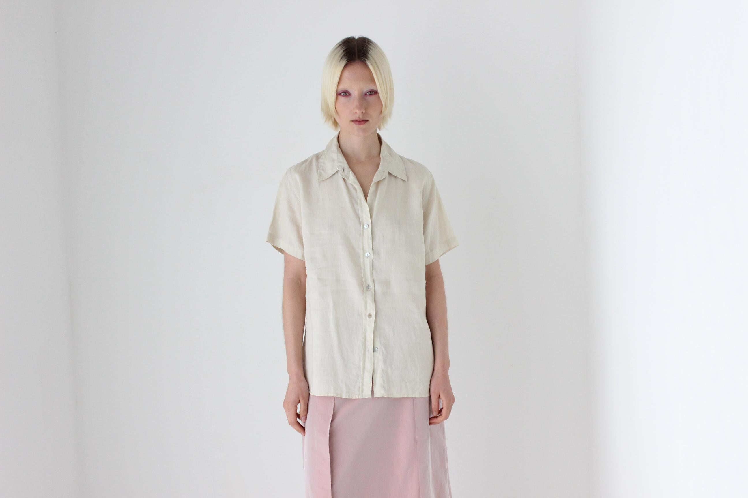 90s Neutral Linen Boxy Button Up Shirt