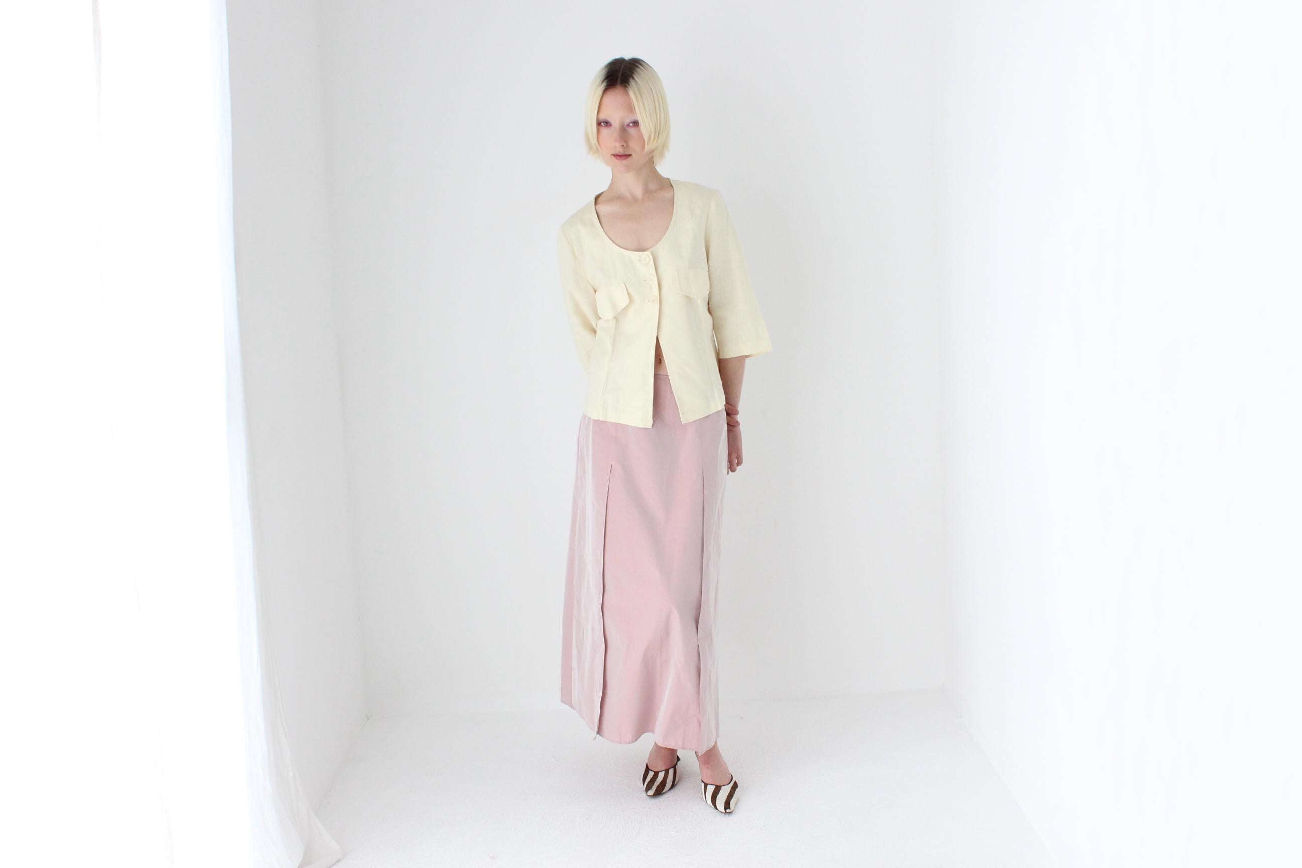 90s Pastel Lemon Italian Linen Half Sleeve Cropped Blouse