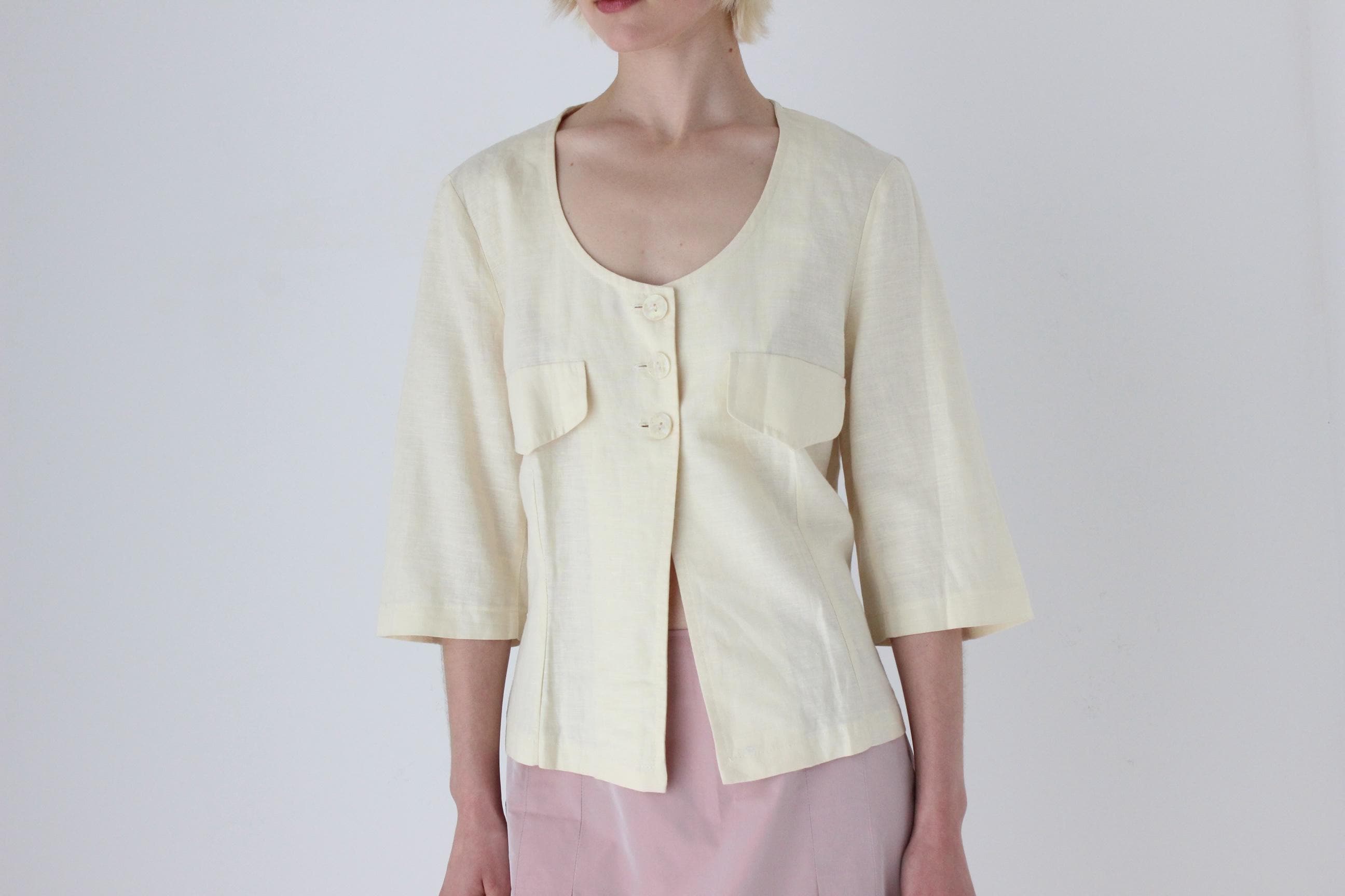 90s Pastel Lemon Italian Linen Half Sleeve Cropped Blouse