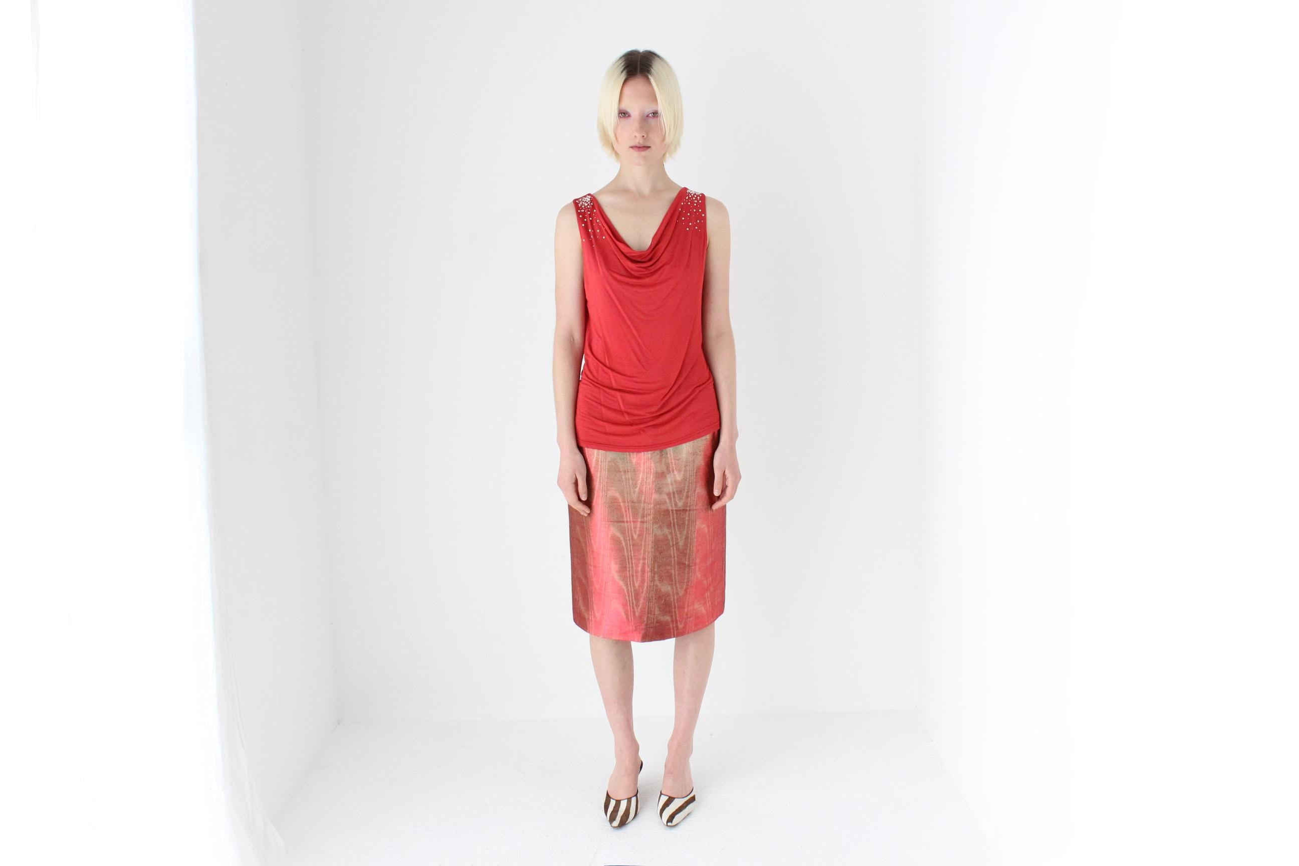 80s Italian Metallic Red & Gold Lamé Disco Skirt