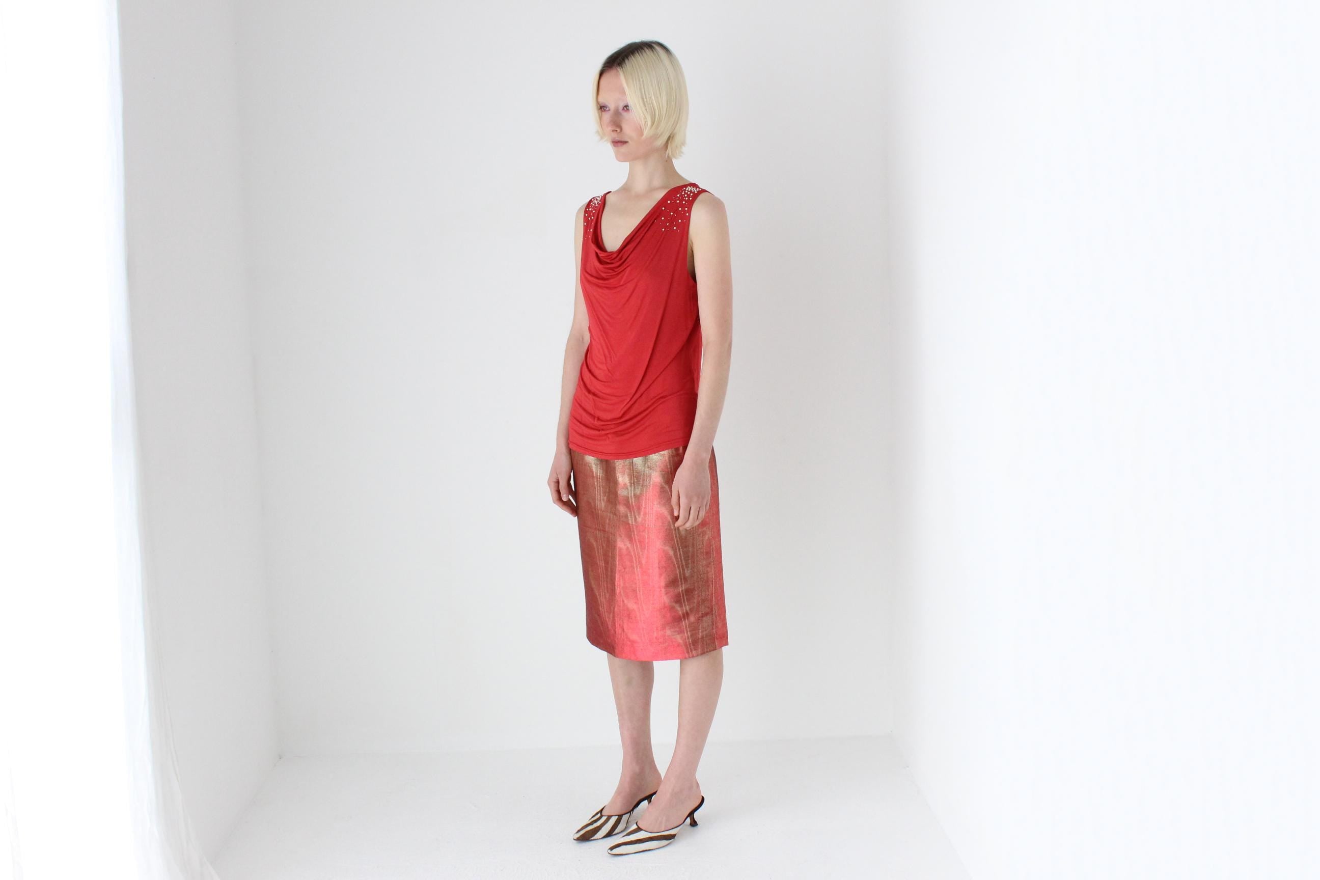 80s Italian Metallic Red & Gold Lamé Disco Skirt