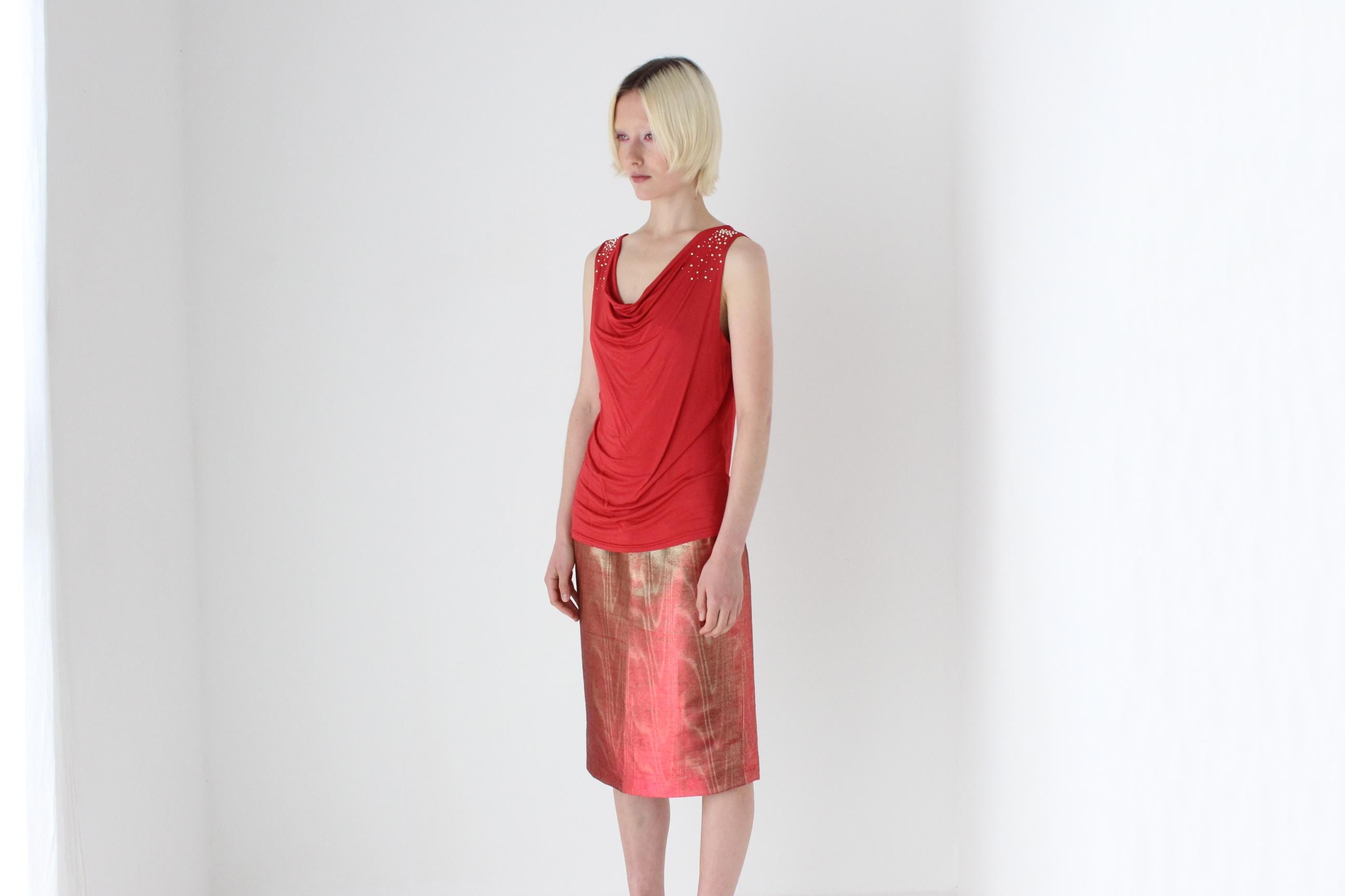 80s Italian Metallic Red & Gold Lamé Disco Skirt