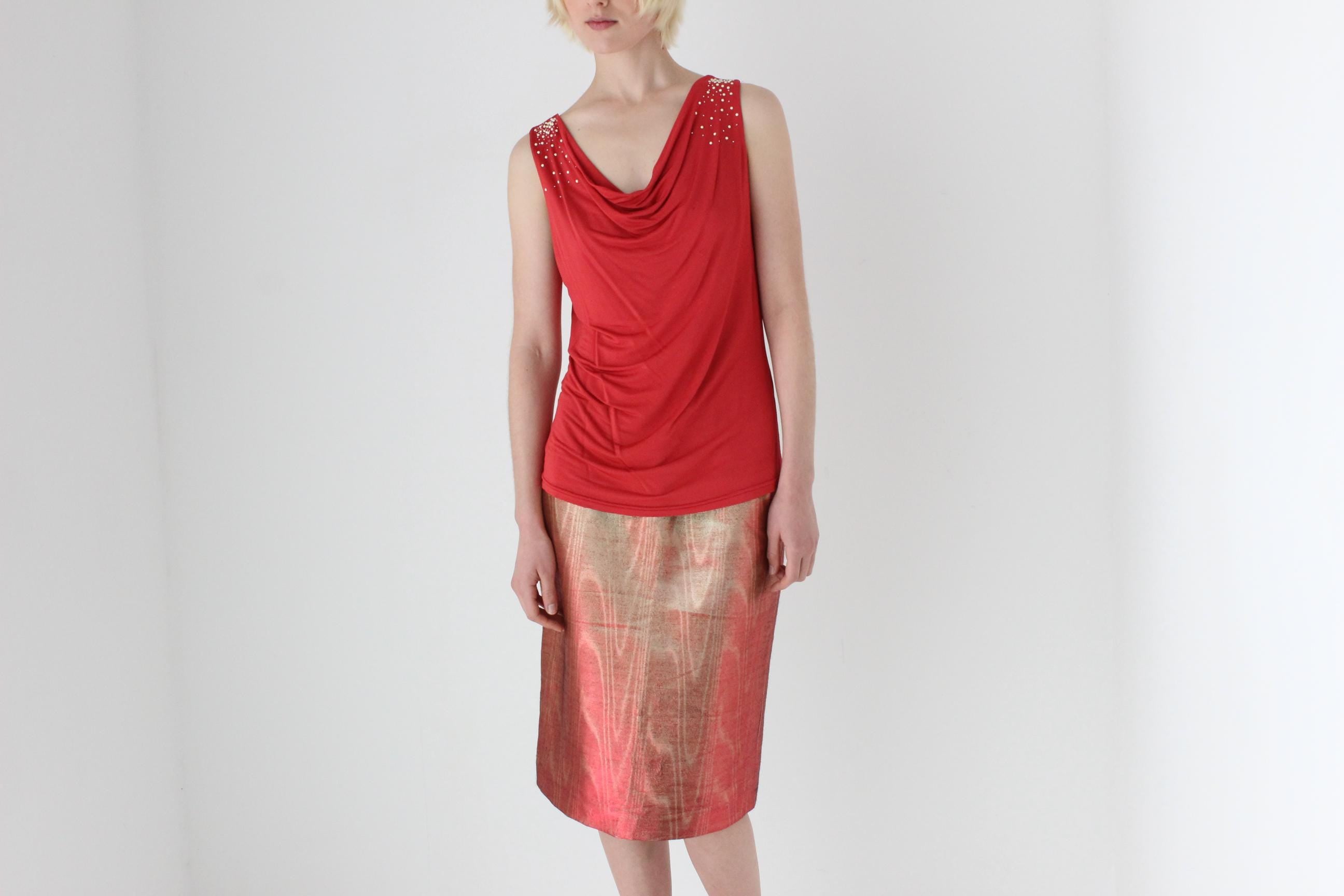 80s Italian Metallic Red & Gold Lamé Disco Skirt