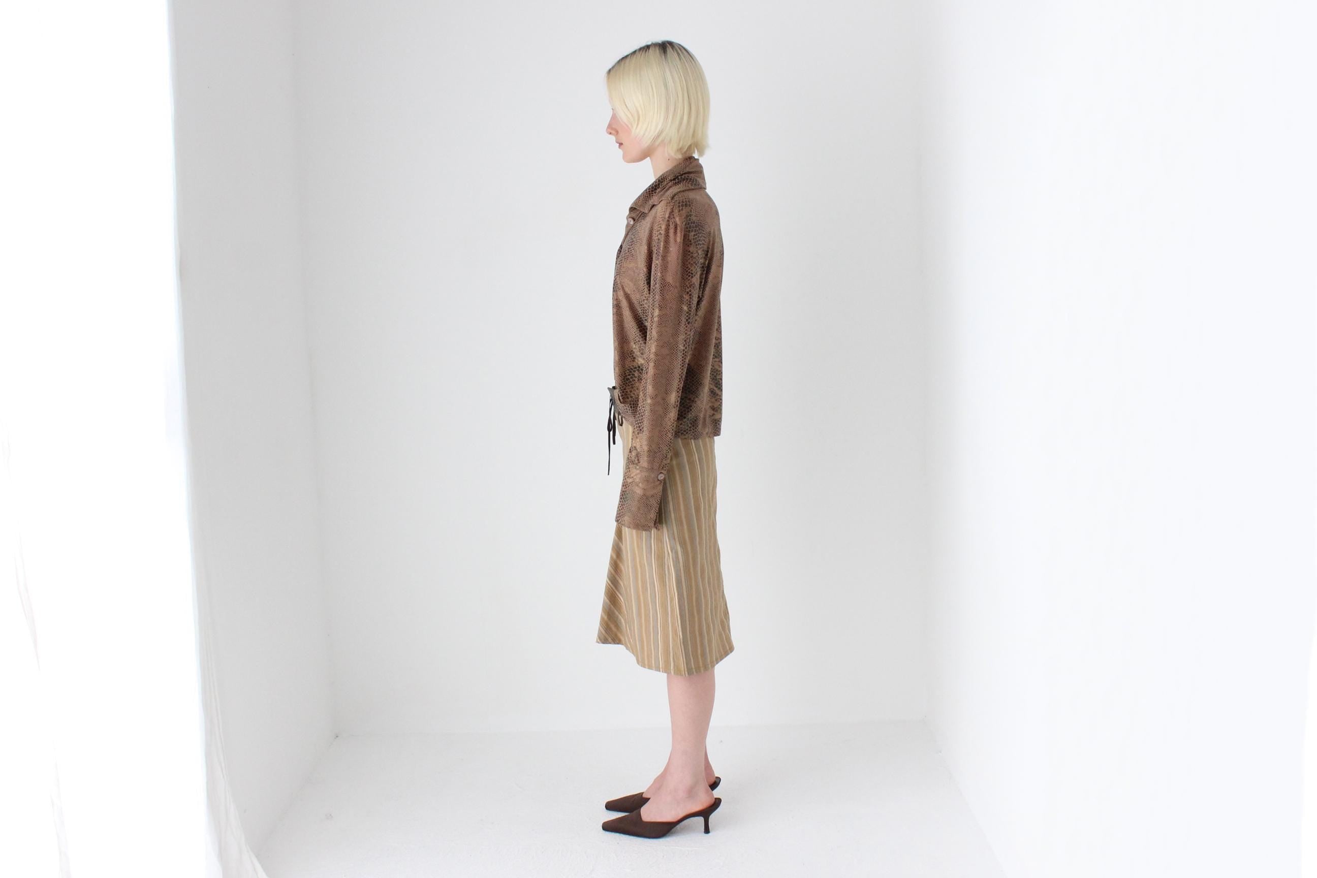Y2K Caramel Stripe & Vinyl Trim Fitted Knee Length Skirt