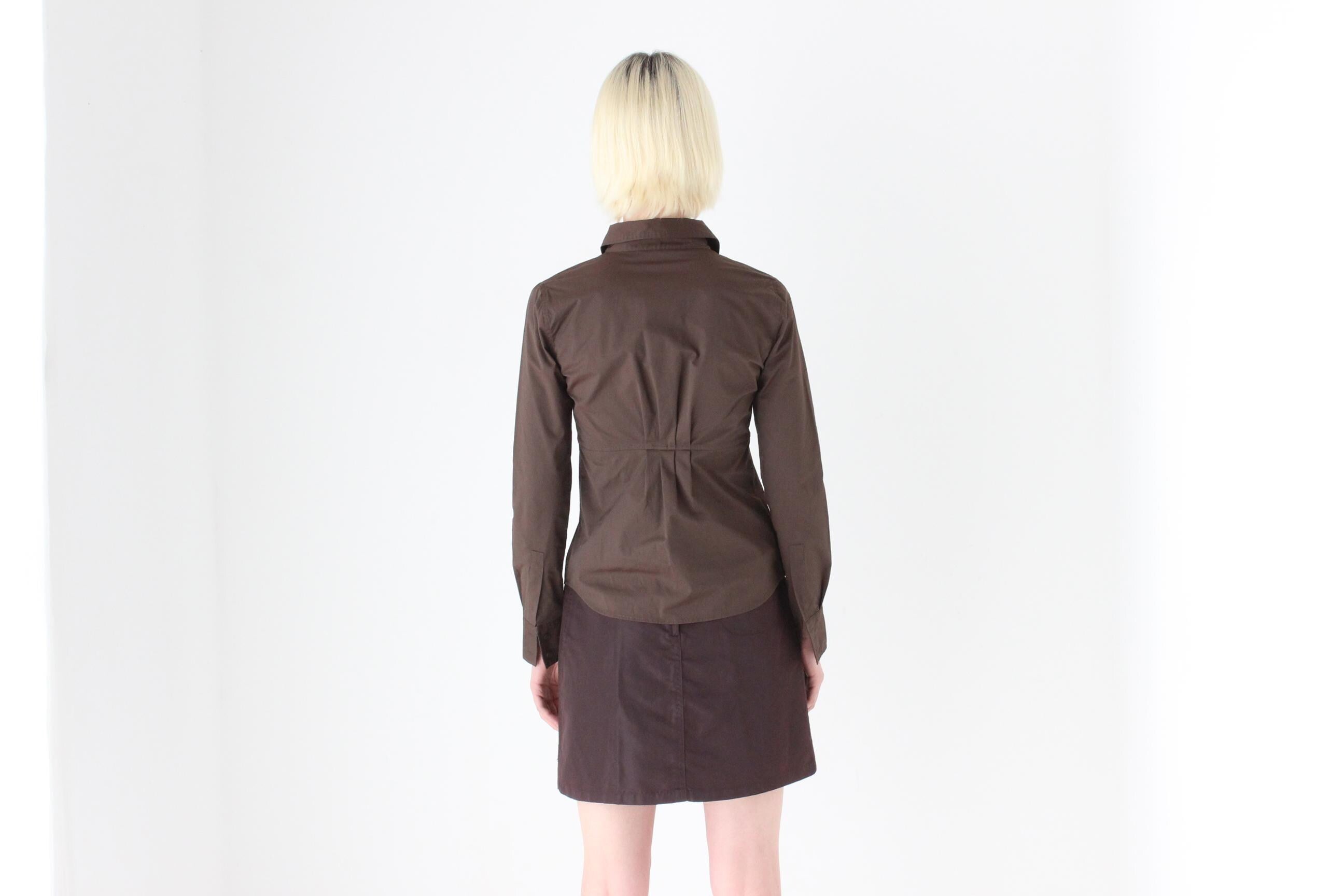 2000s Chocolate Cotton Spandex Button Up