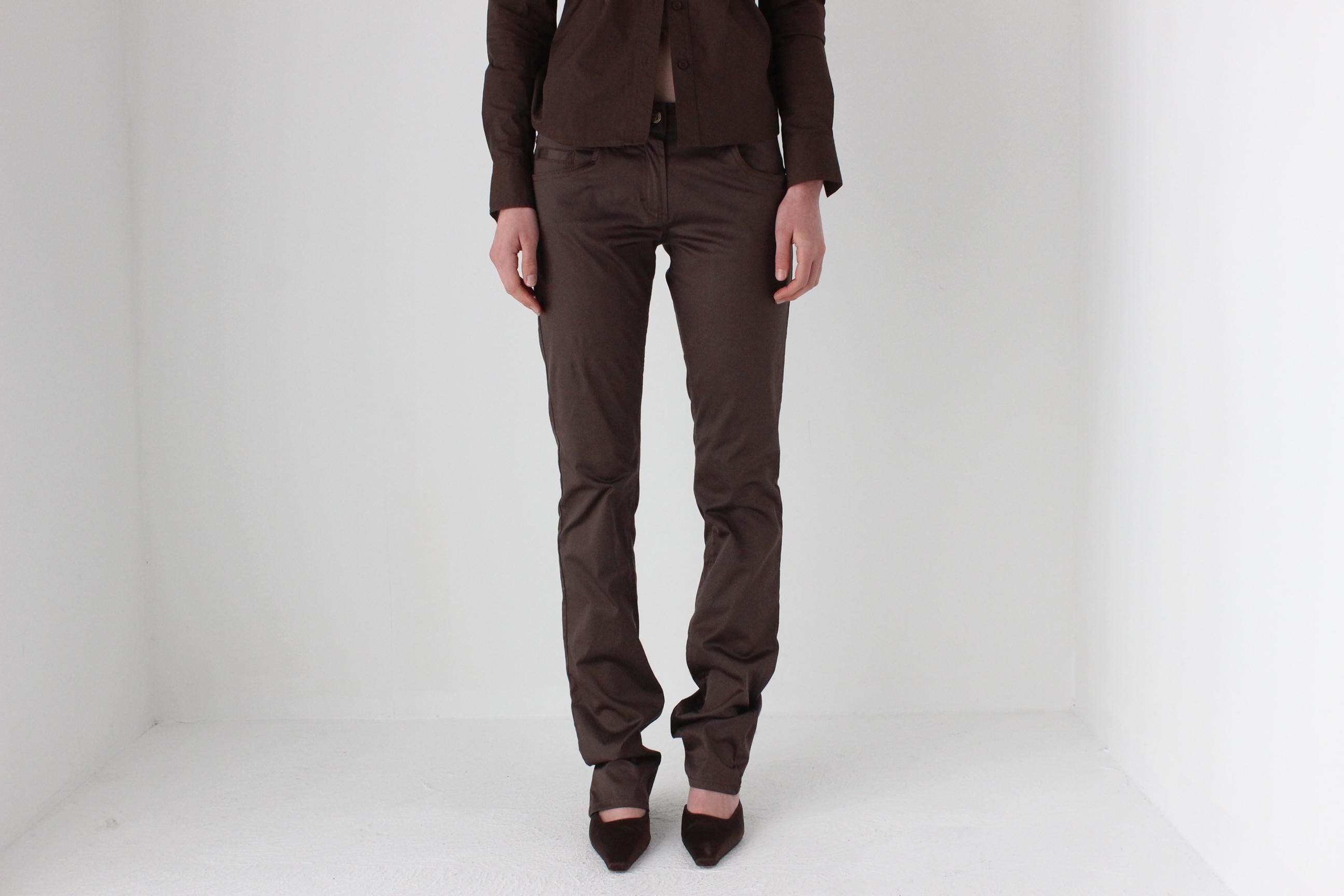 Y2K Versace Iridescent Silk Cotton Low-Rise Super Long / Bunching Pants