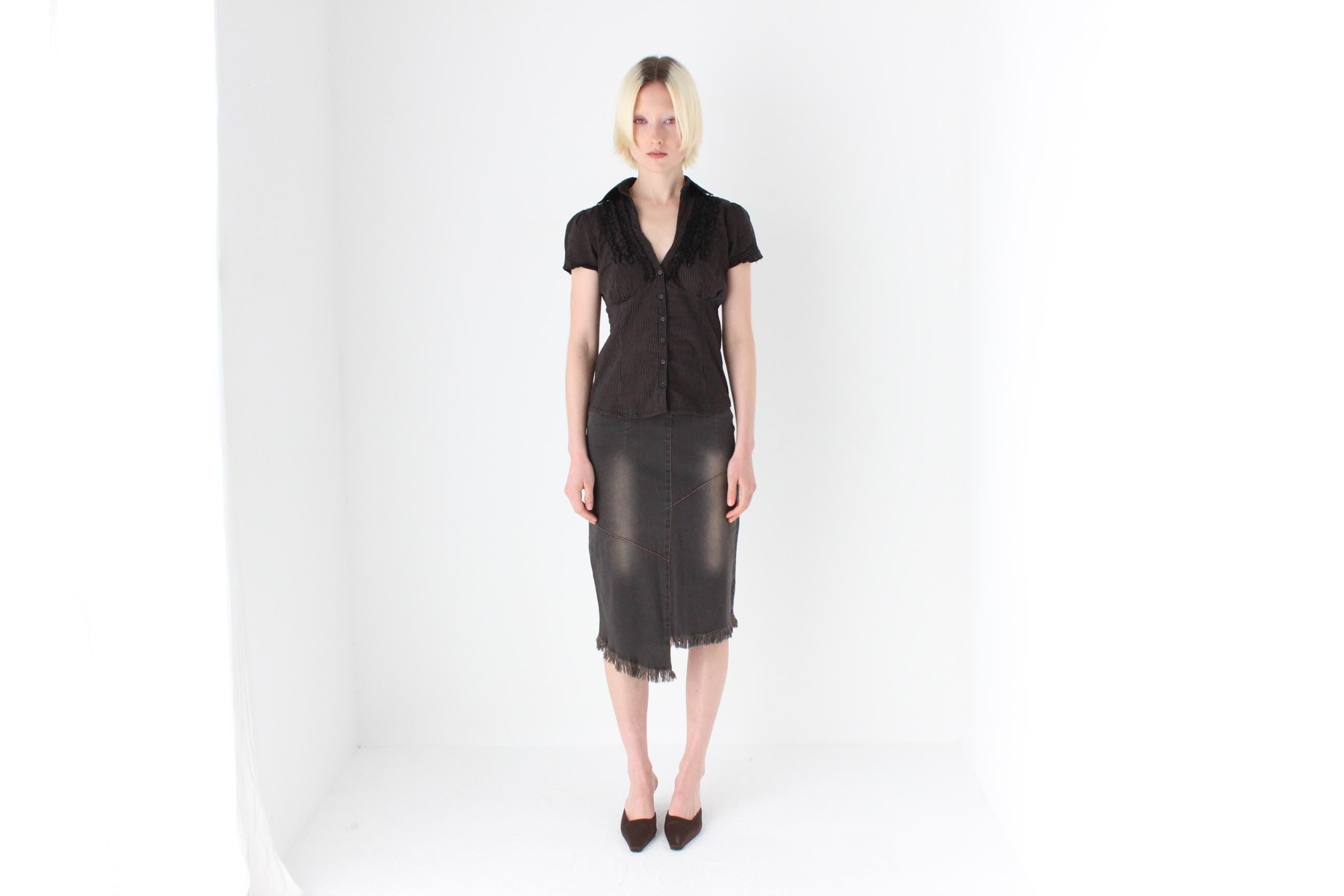 Y2K Dark Chocolate Denim Skirt w/ Fading & Fraying