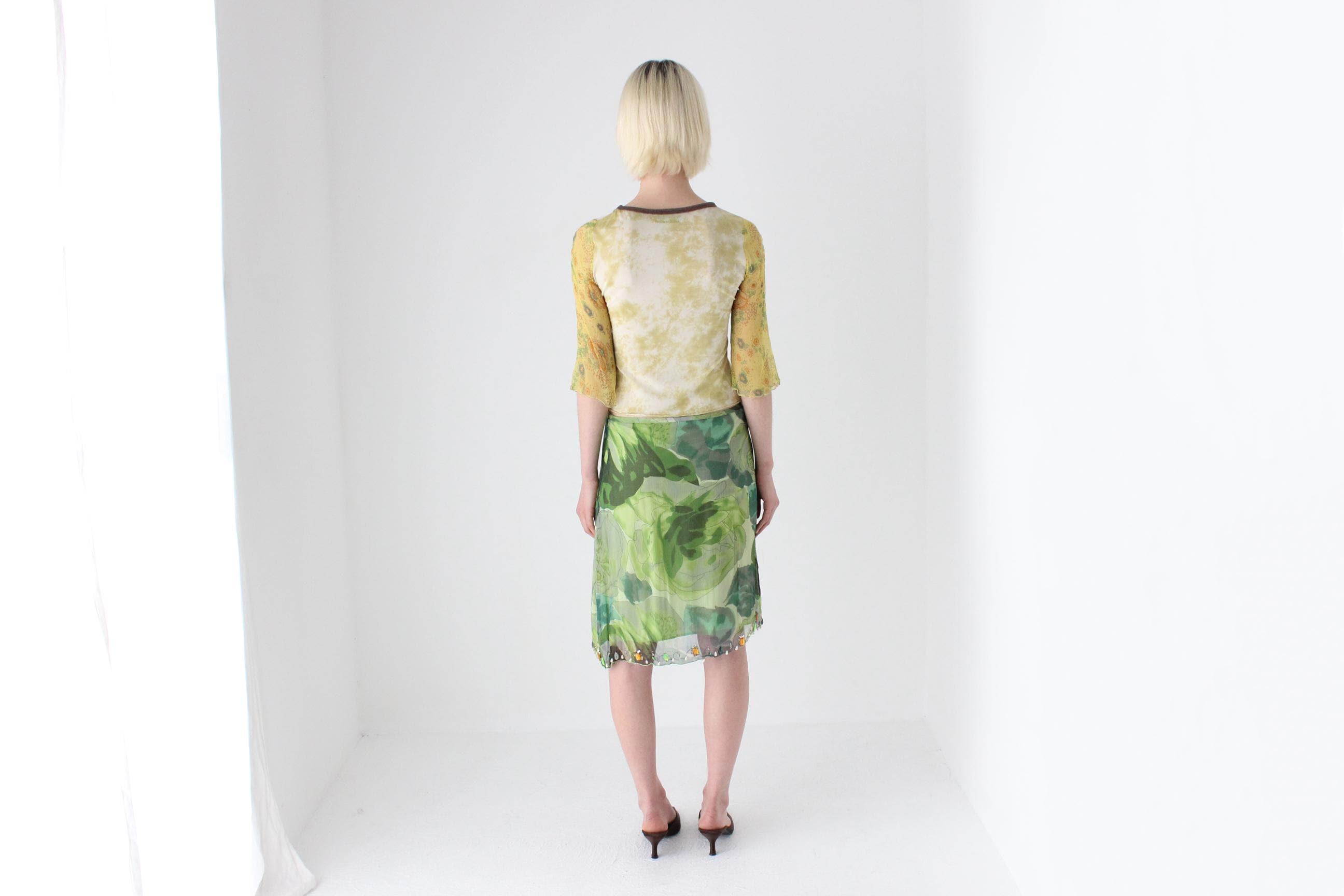 Y2K Italian Pure Silk Tropical Printed Skirt w/ Gemstones