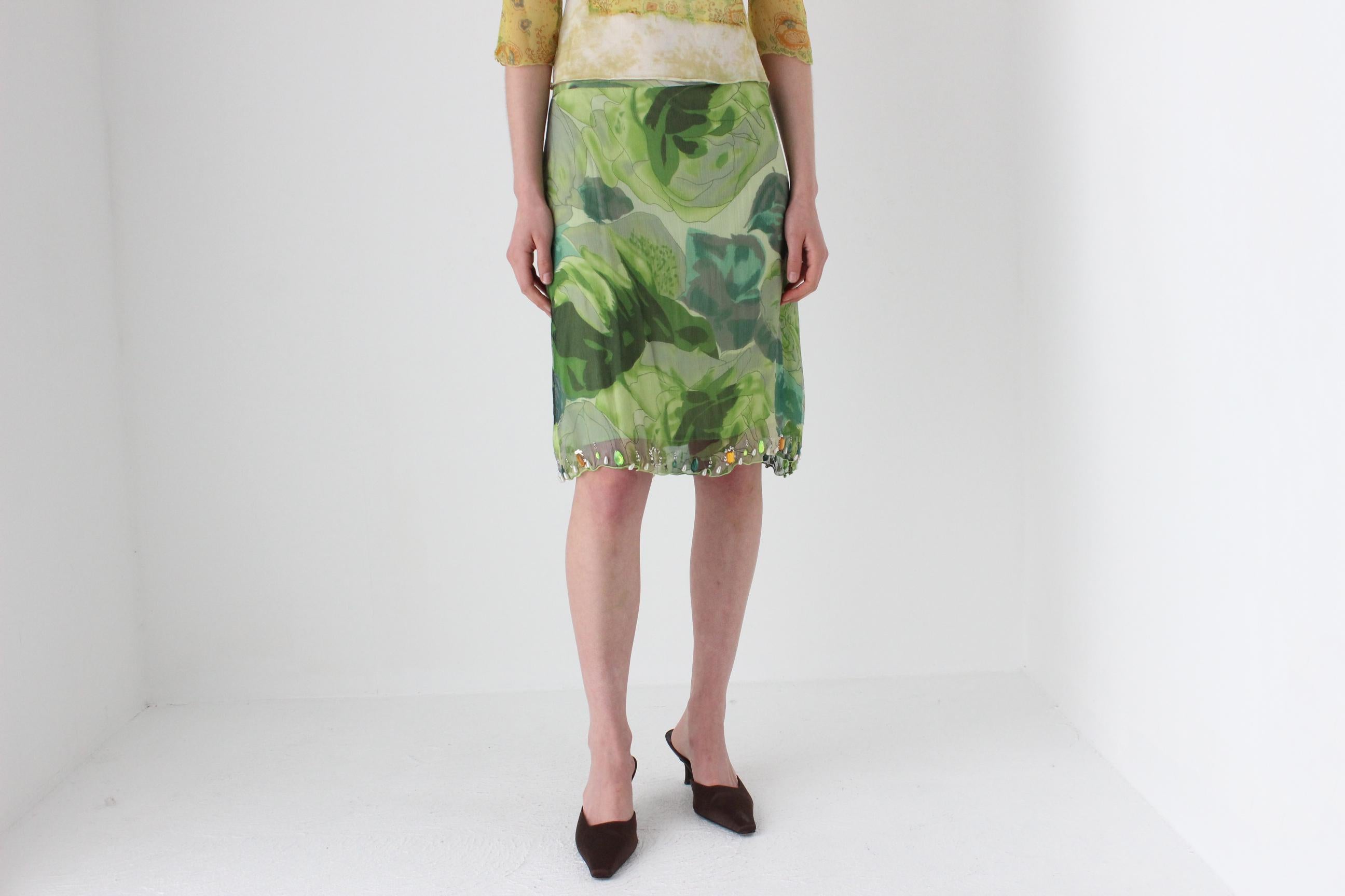 Y2K Italian Pure Silk Tropical Printed Skirt w/ Gemstones