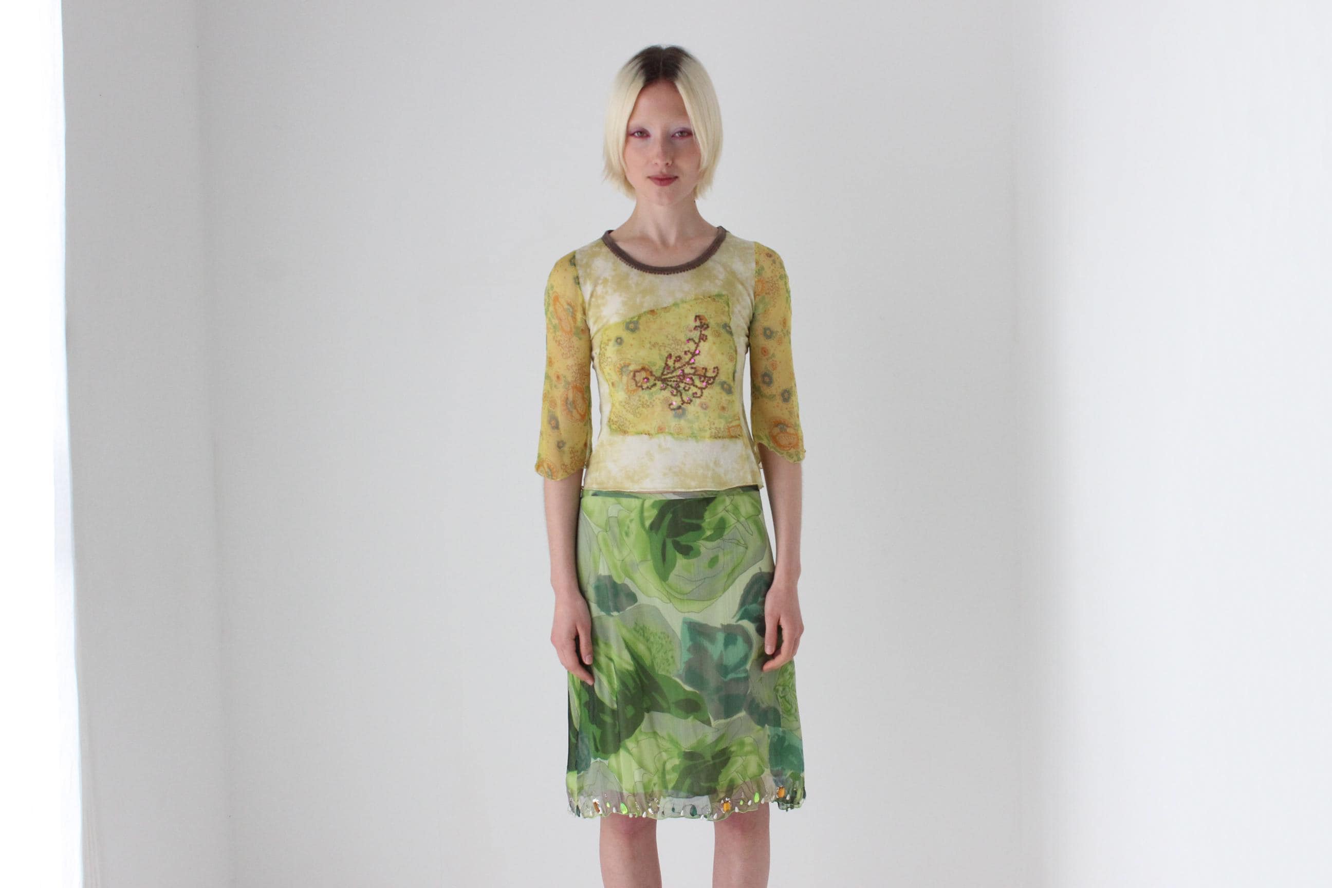 Y2K Italian Pure Silk Tropical Printed Skirt w/ Gemstones