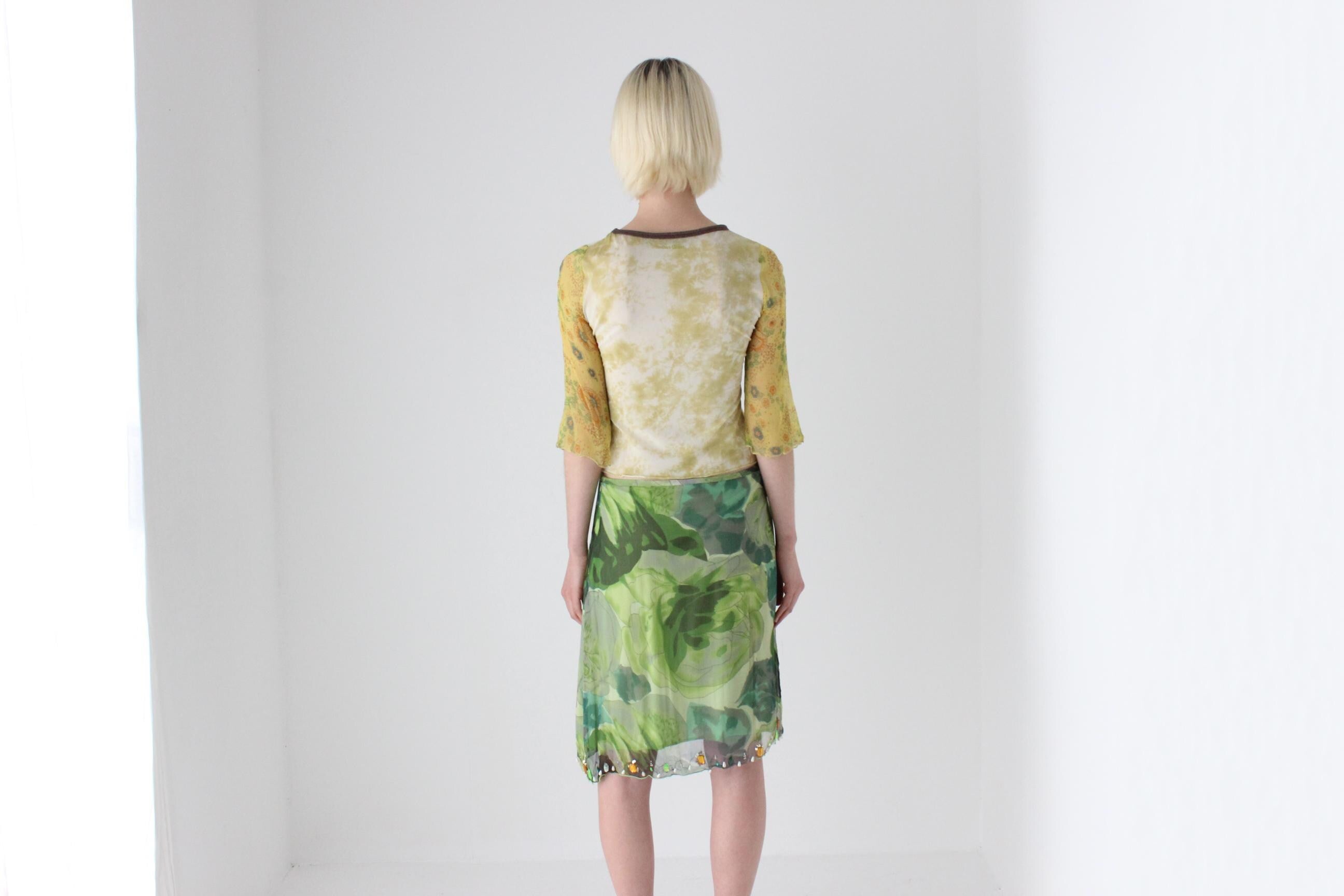 Y2K Italian Pure Silk Tropical Printed Skirt w/ Gemstones