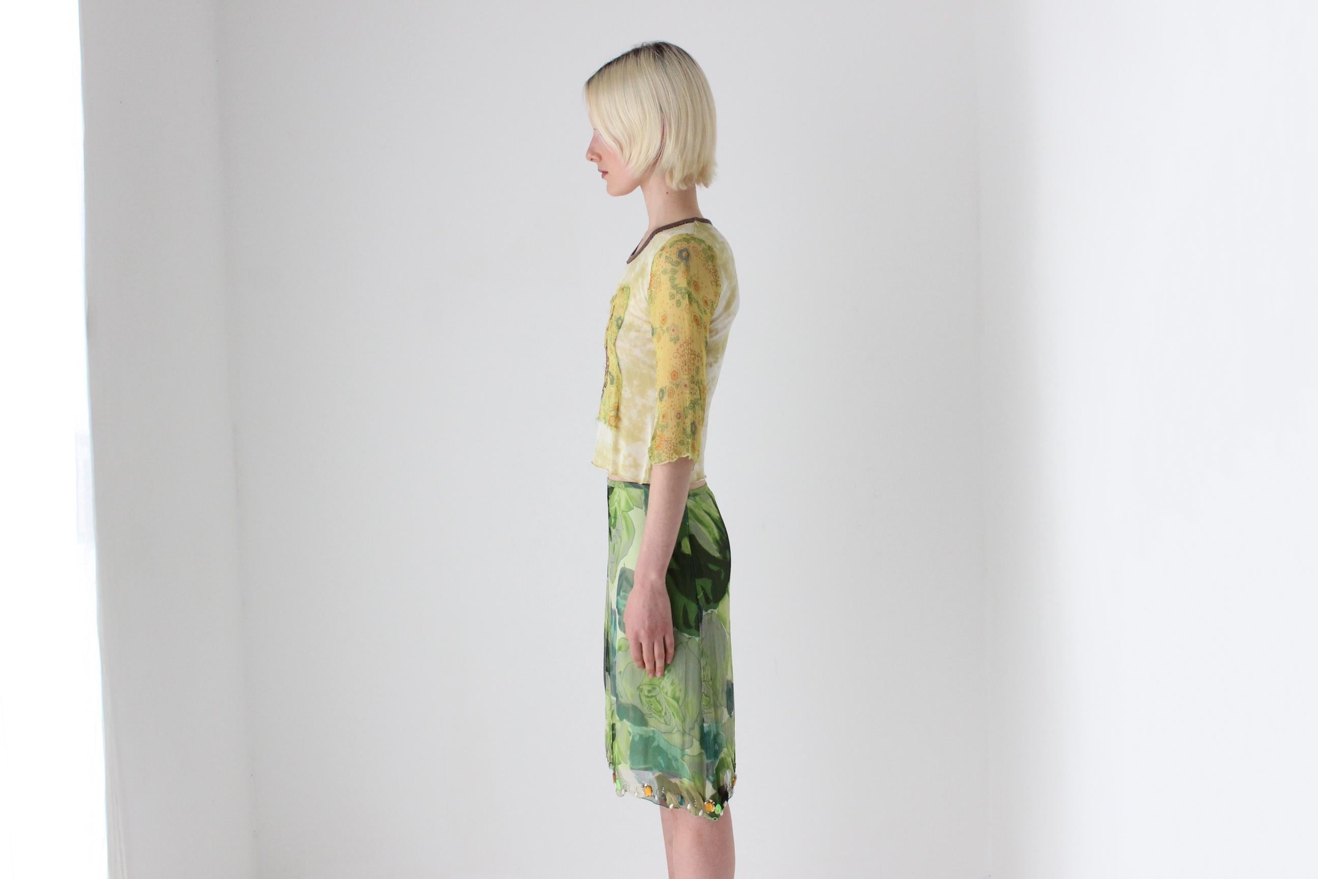 Y2K Italian Pure Silk Tropical Printed Skirt w/ Gemstones