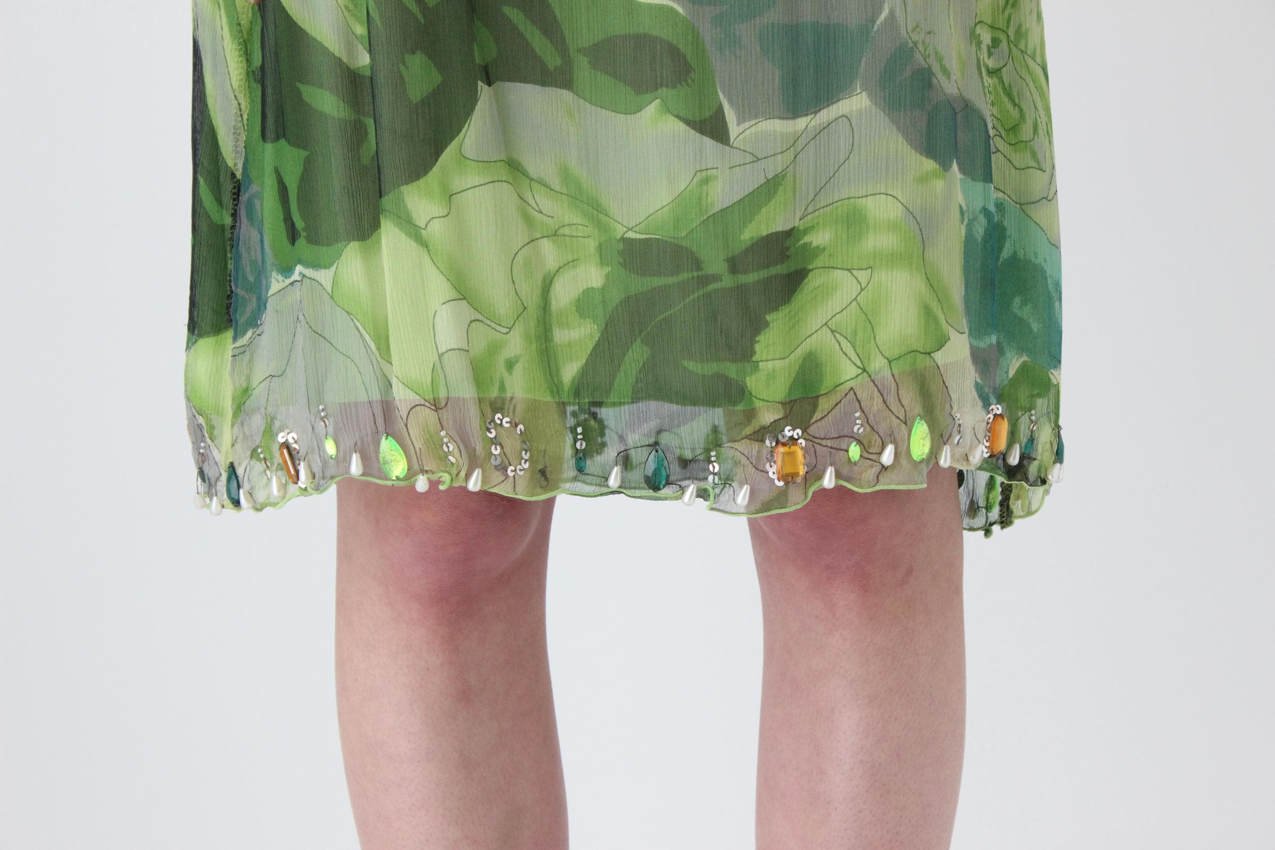 Y2K Italian Pure Silk Tropical Printed Skirt w/ Gemstones
